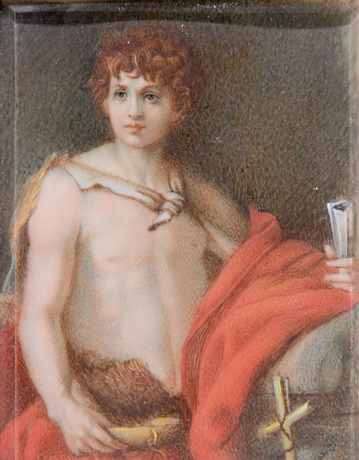 Miniaturmalerei, Italien, 2. Hälfte 19. Jh., Der Hl. Johannes nach Andrea del Sarto, Gouache auf Elfenbein, ca. 9.5x7cm, u.Gl., Versand nur ...
