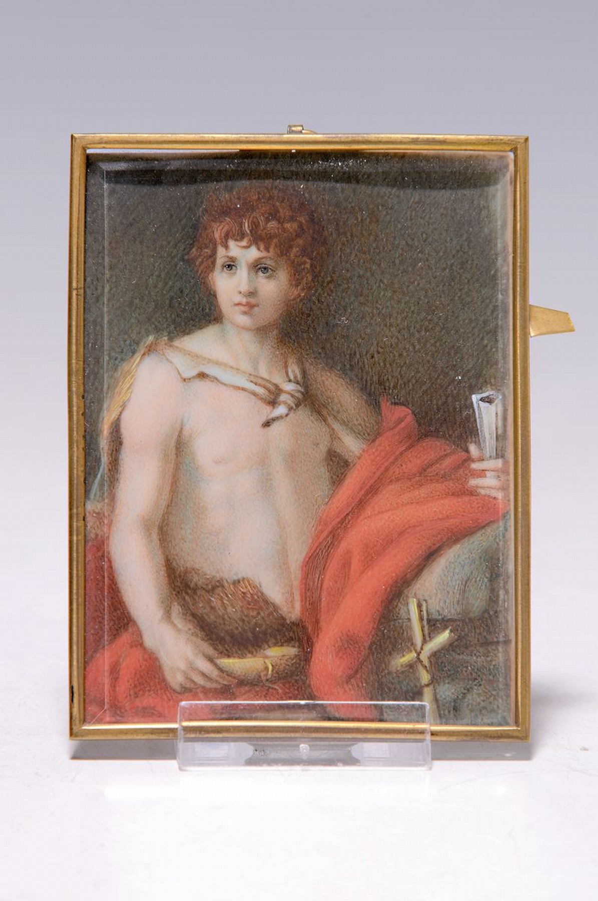 Detail k: Miniaturmalerei, Italien, 2. Hälfte 19. Jh., Der Hl. Johannes nach Andrea del Sarto, Gouache auf Elfenbein, ca. 9.5x7cm, u.Gl., Versand nur ...