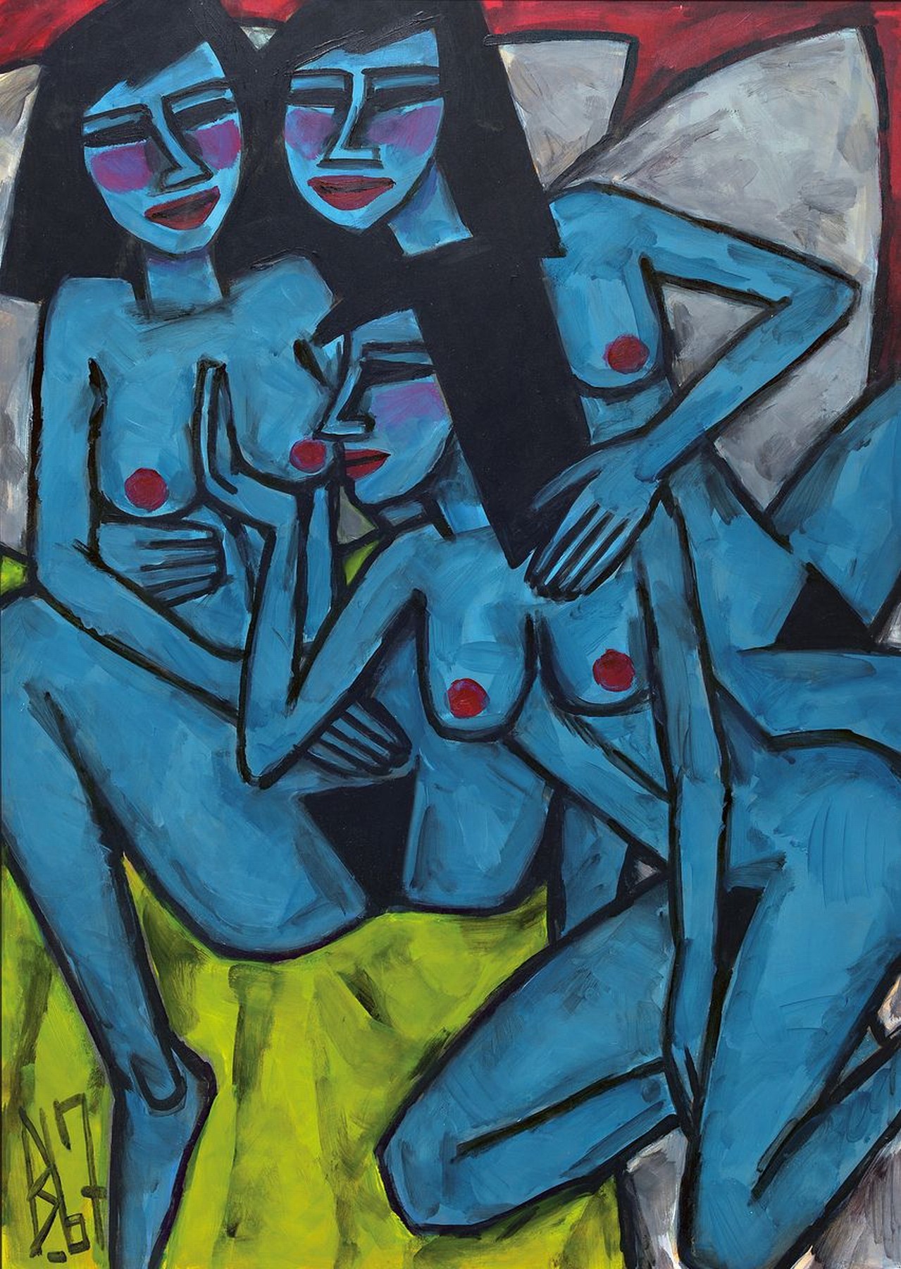 Berutscha, Gurami Hagemann, 1945 - 2013, Öl/Malplatte, "Drei weibliche Akte beim Sexspiel", rückseitig nochmals handsigniert und dat. ...