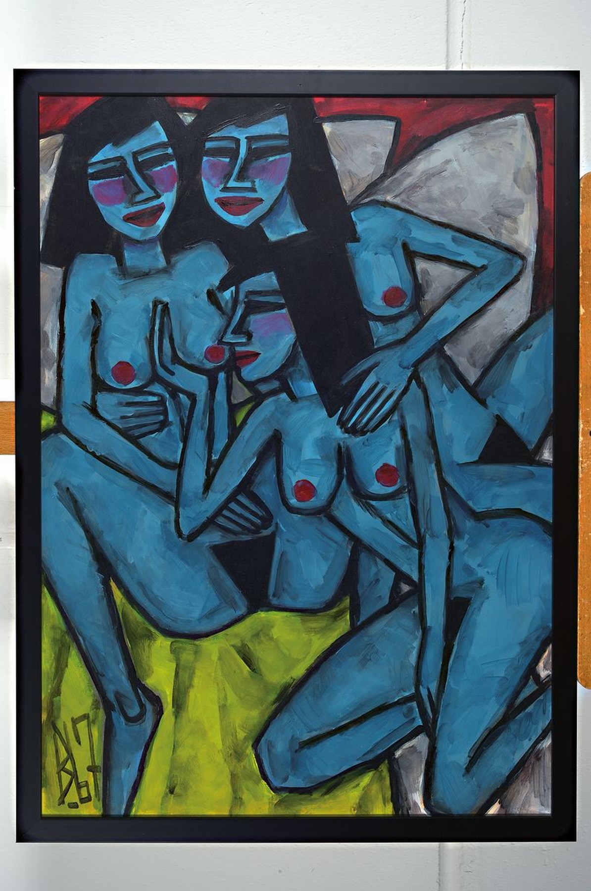 Detail k: Berutscha, Gurami Hagemann, 1945 - 2013, Öl/Malplatte, "Drei weibliche Akte beim Sexspiel", rückseitig nochmals handsigniert und dat. ...