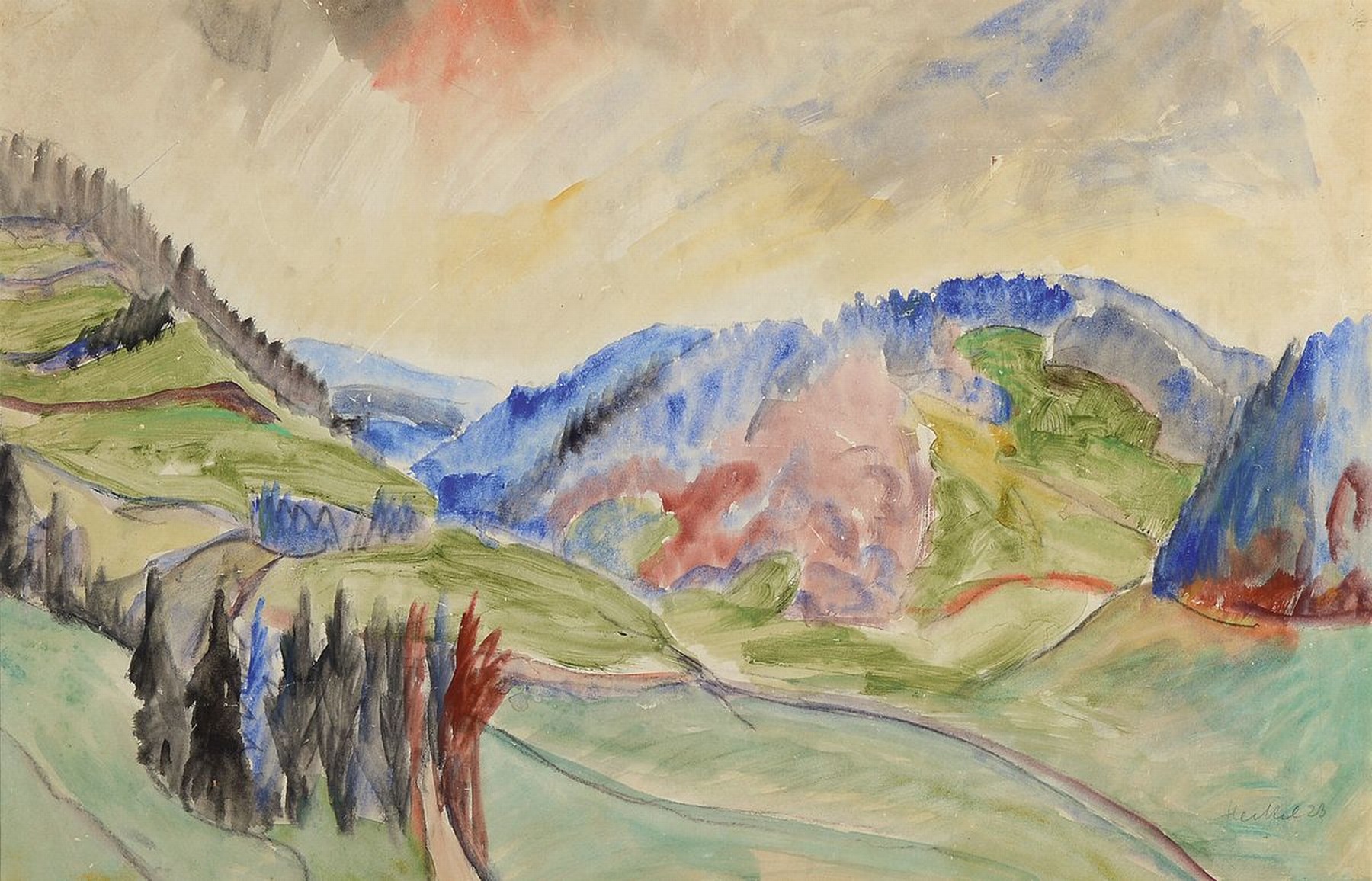 Erich Heckel, 1883 - 1970,, Aquarell auf Papier, handsigniert und datiert, (19)23, "Allgäu", sehr farbfrisch, Blattgröße 43.4 x 65.1 cm, ...