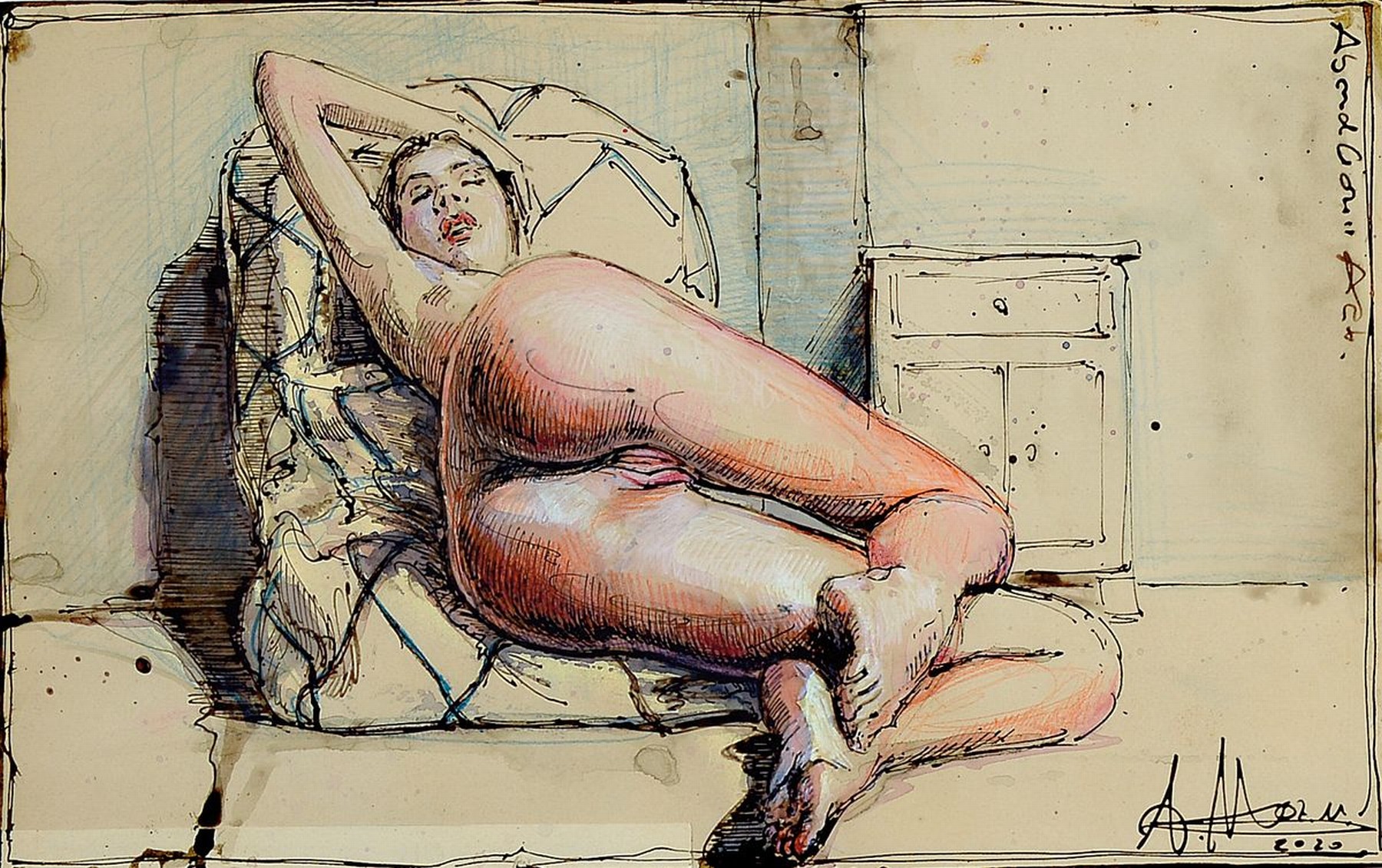 Andreas Noßmann, geb. 1962,, Mischtechnik (Federzeichnung, Aquarell und Farbstift) auf original antikem Papier, Titel "Abendlicher Akt", ...