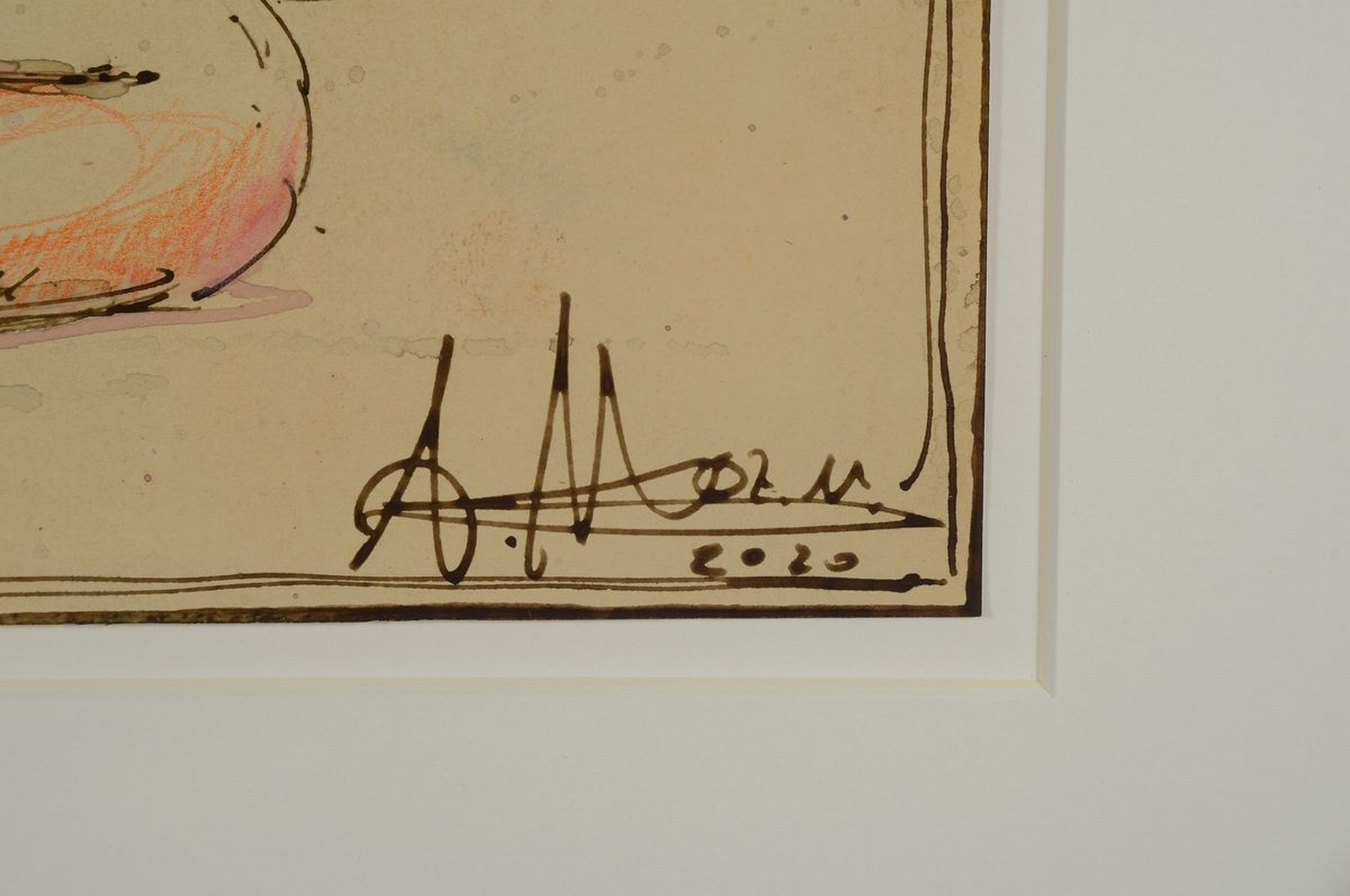 Detail a: Andreas Noßmann, geb. 1962,, Mischtechnik (Federzeichnung, Aquarell und Farbstift) auf original antikem Papier, Titel "Abendlicher Akt", ...