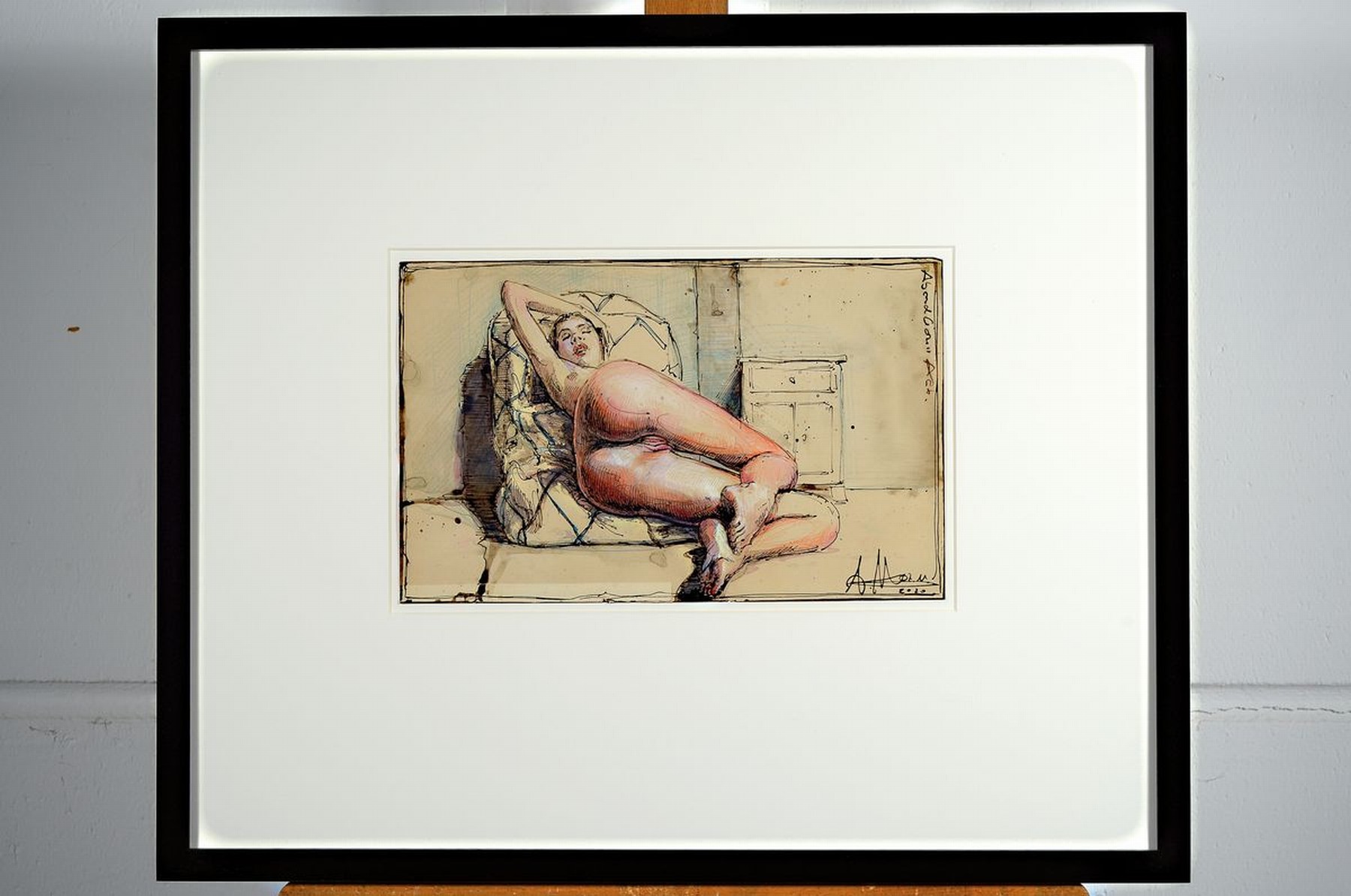 Detail k: Andreas Noßmann, geb. 1962,, Mischtechnik (Federzeichnung, Aquarell und Farbstift) auf original antikem Papier, Titel "Abendlicher Akt", ...