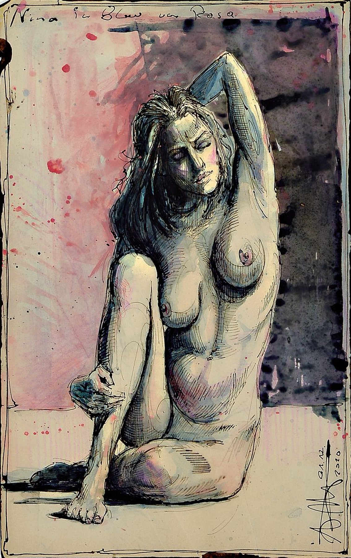 Andreas Noßmann, geb. 1962,, Mischtechnik (Federzeichnung, Aquarell und Farbstift) auf original antikem Papier, Titel "Nina in Blau vor rosa ...