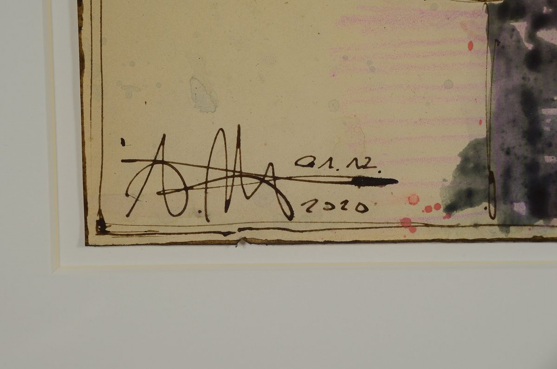 Detail a: Andreas Noßmann, geb. 1962,, Mischtechnik (Federzeichnung, Aquarell und Farbstift) auf original antikem Papier, Titel "Nina in Blau vor rosa ...