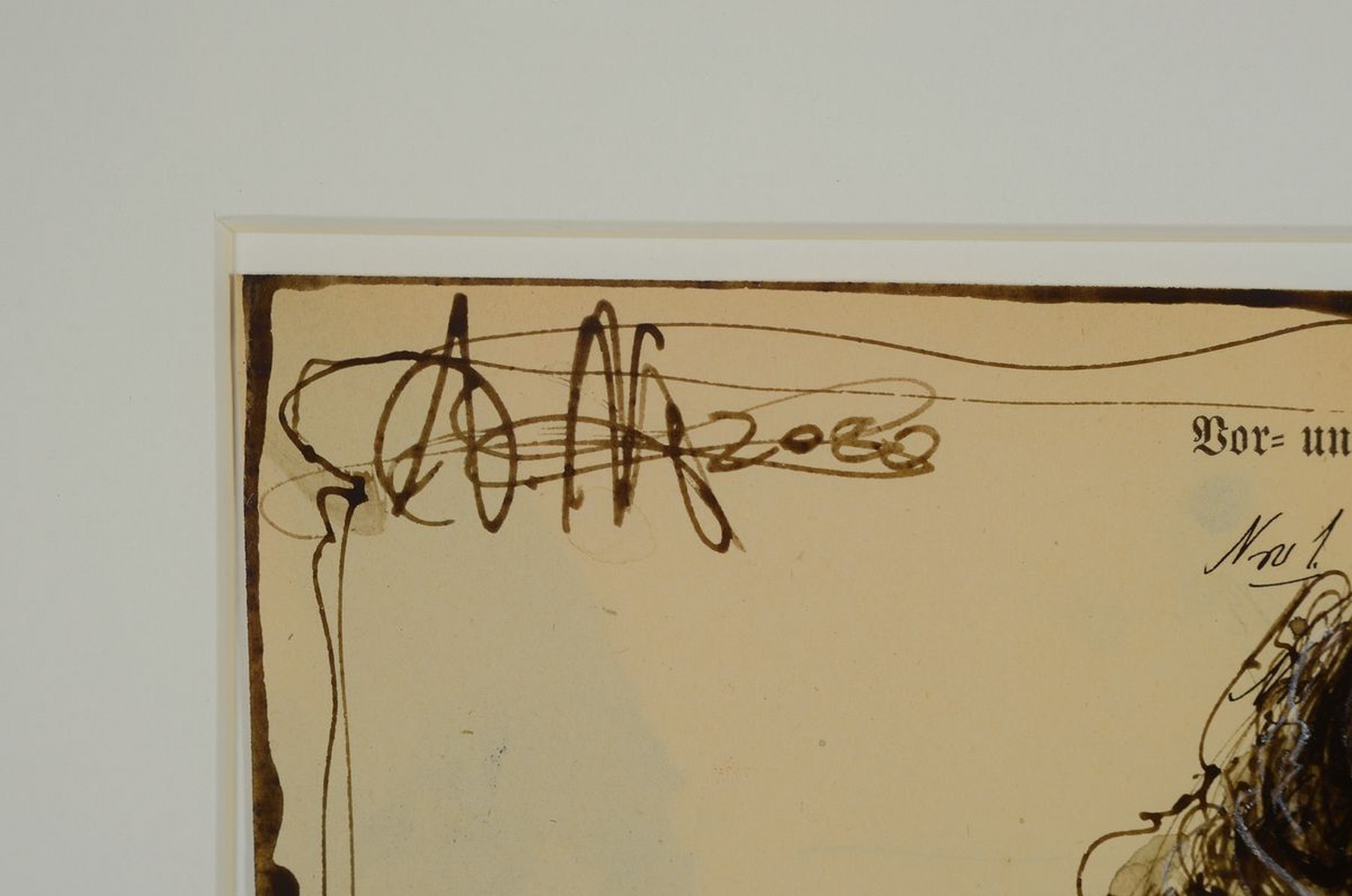 Detail a: Andreas Noßmann, geb. 1962,, Mischtechnik (Federzeichnung, Aquarell und Farbstift) auf original antikem Papier, Titel "Nude", Blattgr. 32 ...