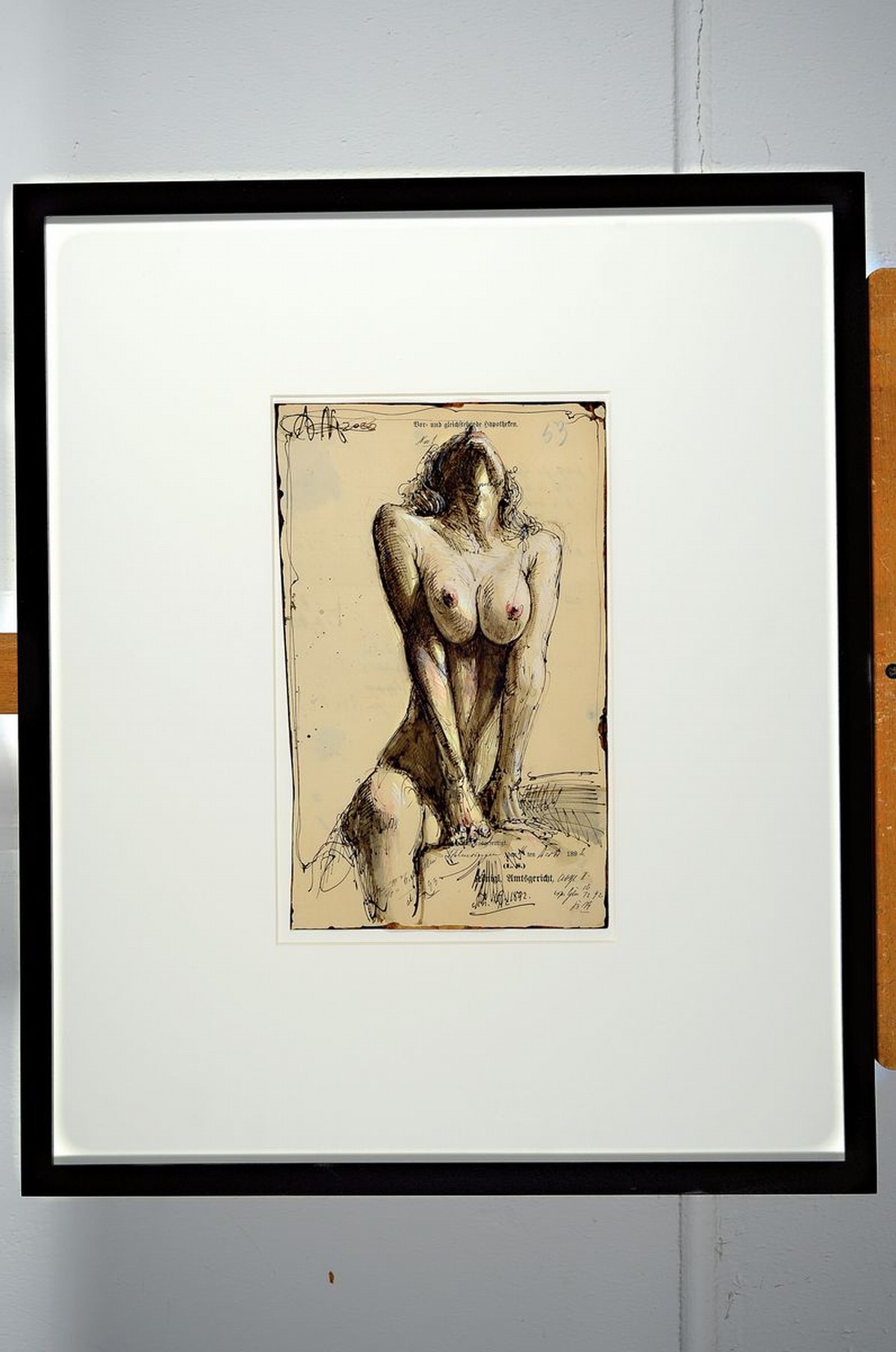 Detail k: Andreas Noßmann, geb. 1962,, Mischtechnik (Federzeichnung, Aquarell und Farbstift) auf original antikem Papier, Titel "Nude", Blattgr. 32 ...