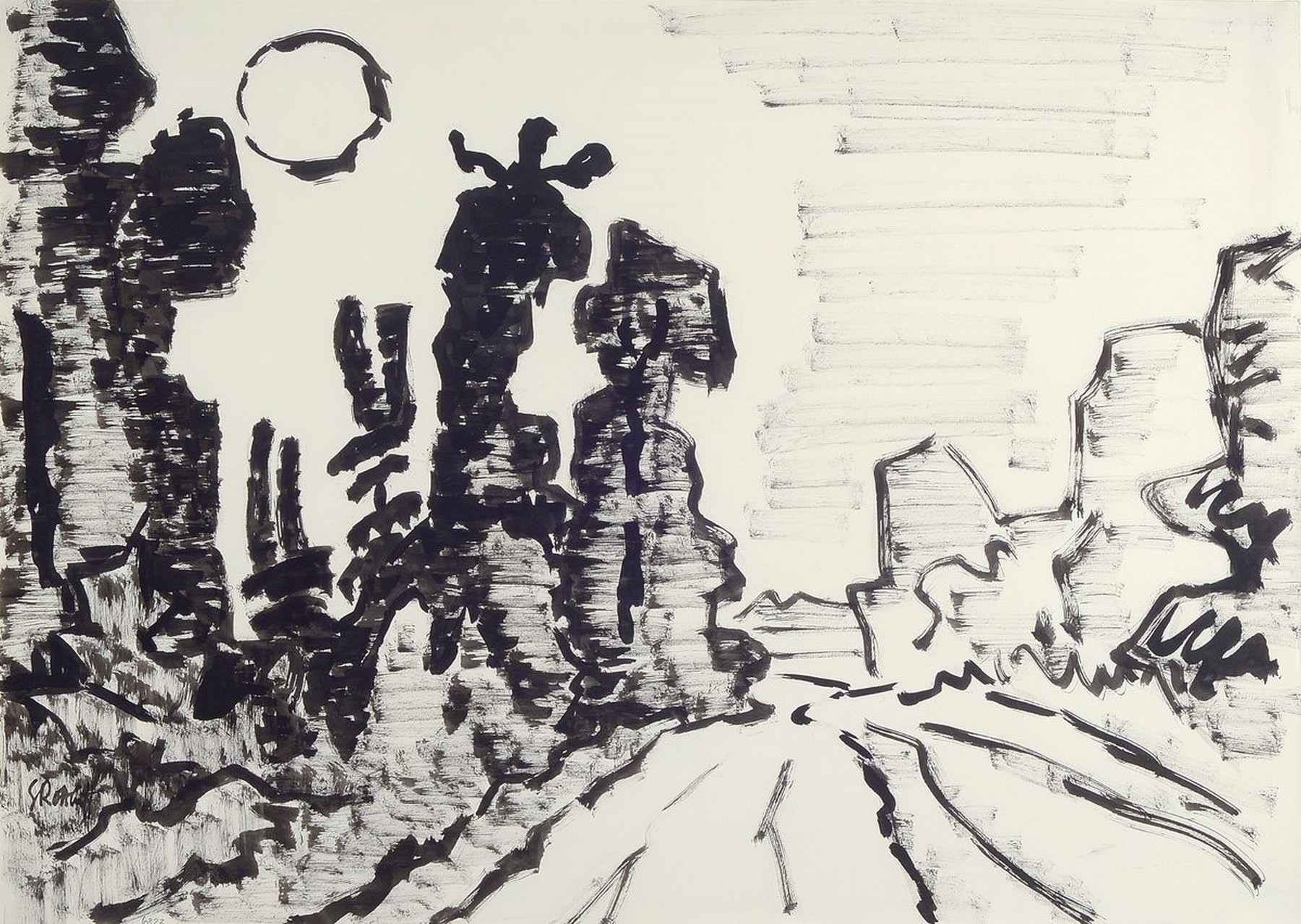 Karl Schmidt-Rottluff, 1884 - 1976, Tusche auf Velin, Landschaft mit Bäumen, links unten mit Tusche handsigniert und mit Bleistift mit Werknummer ...