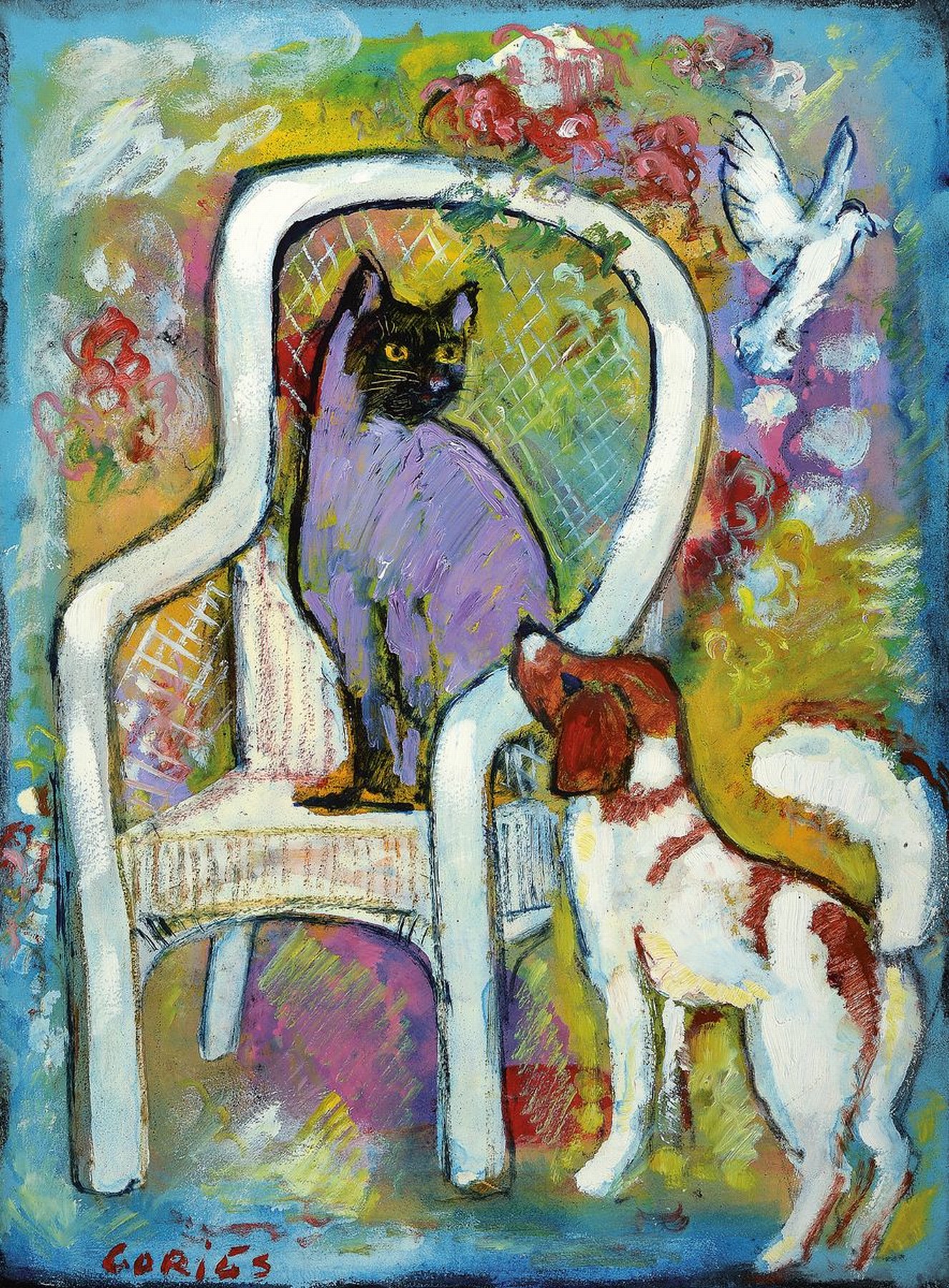 Wolfgang Gorius, 1932 Hagen/Westfalen-2003 Saarbrücken, Hund und Prinzessin Katz, Öl/Malkarton, links unten signiert, ca. 80x60cm, R. ca. 87x67cm