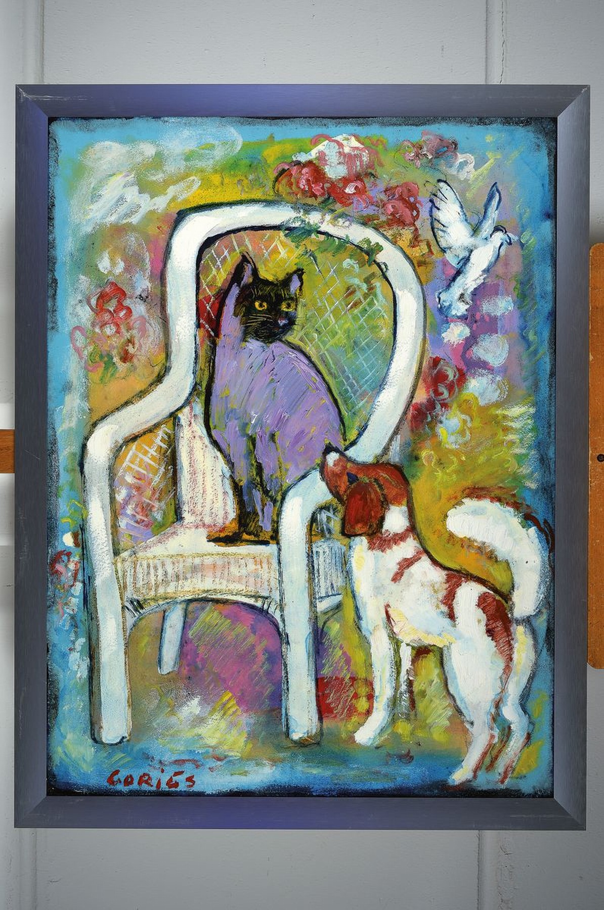 Detail k: Wolfgang Gorius, 1932 Hagen/Westfalen-2003 Saarbrücken, Hund und Prinzessin Katz, Öl/Malkarton, links unten signiert, ca. 80x60cm, R. ca. 87x67cm