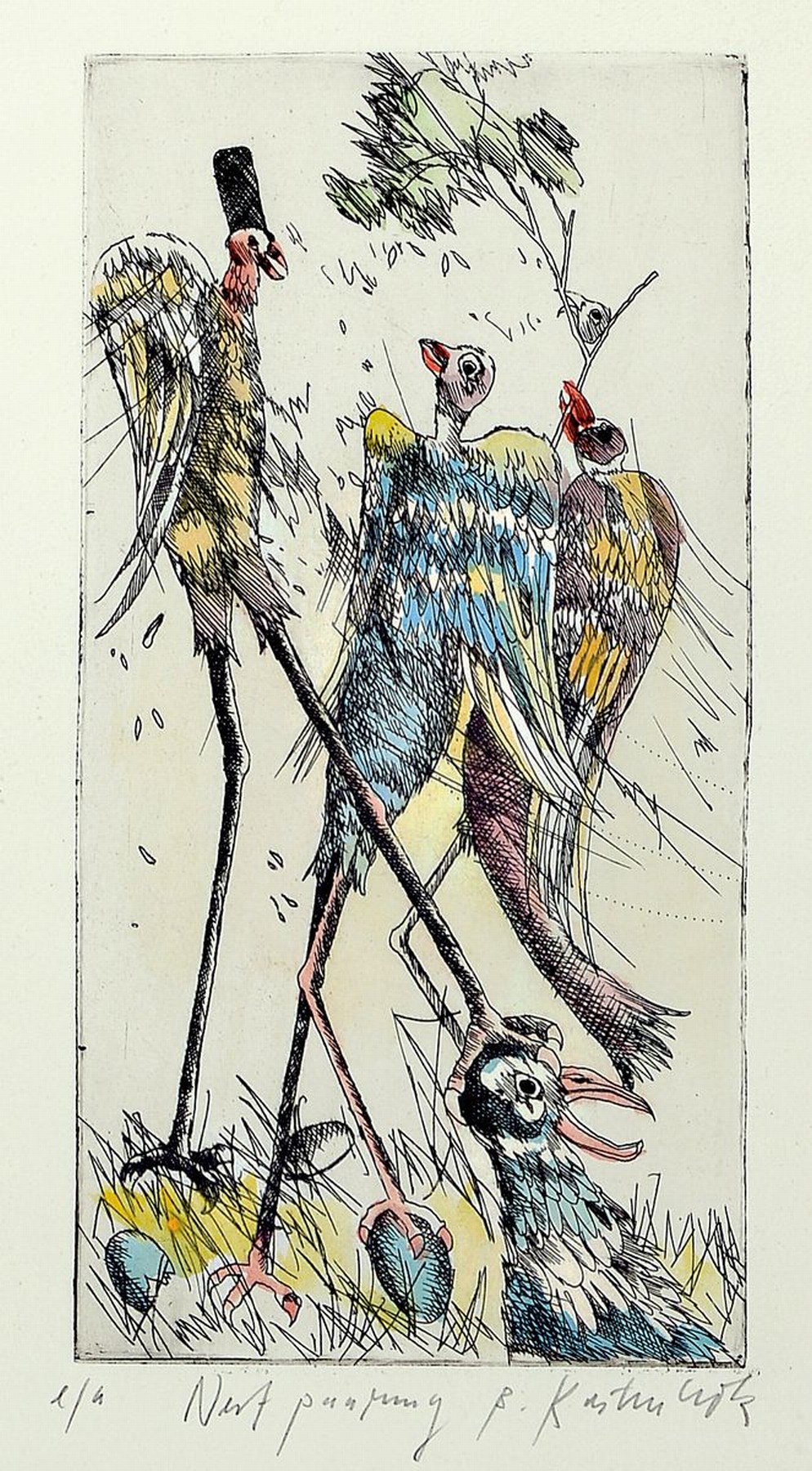 Bernd Kastenholz, geb. 1949 Speyer, 4 Farbradierungen: Flammende Feder, Vogelbote, Vogelkonzert und Nestpaarung, alle handsign. und num., aus dem ...