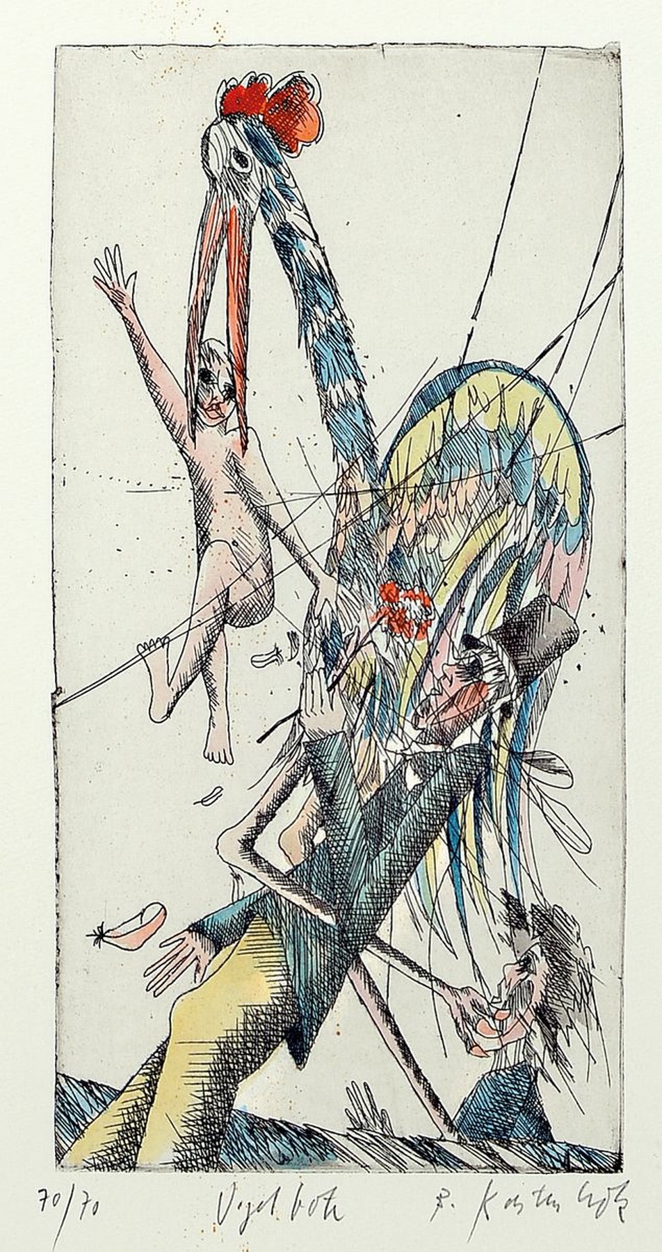 Detail b: Bernd Kastenholz, geb. 1949 Speyer, 4 Farbradierungen: Flammende Feder, Vogelbote, Vogelkonzert und Nestpaarung, alle handsign. und num., aus dem ...