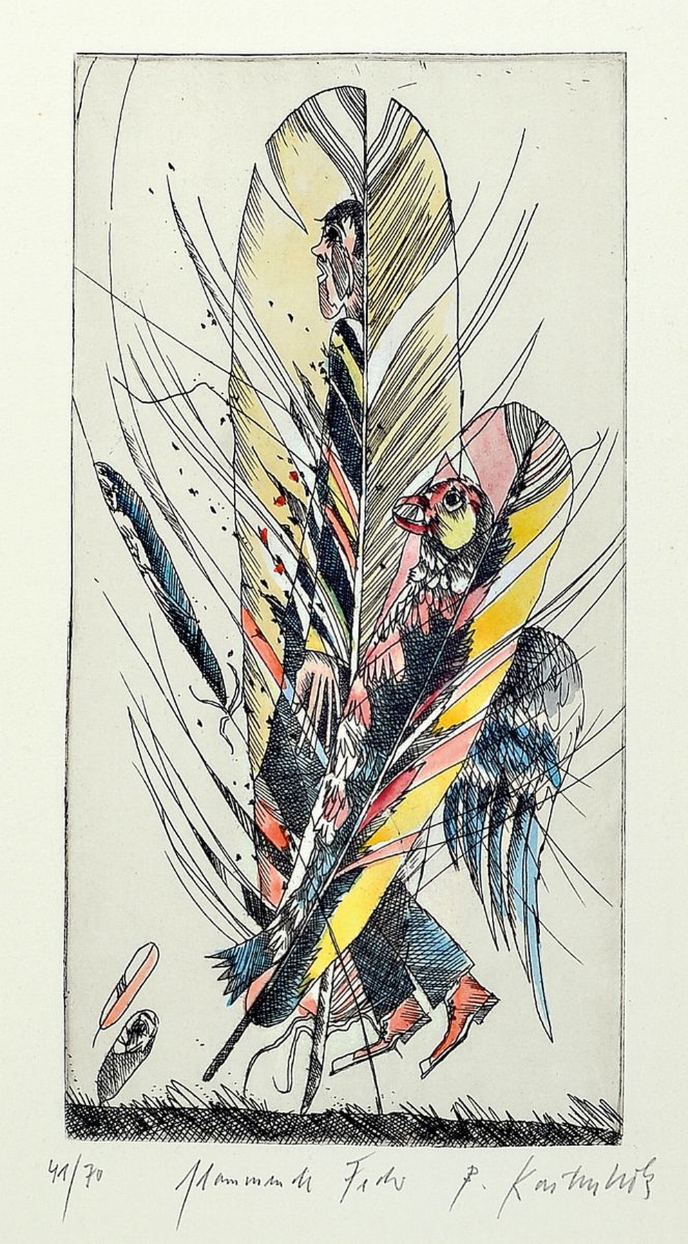 Detail d: Bernd Kastenholz, geb. 1949 Speyer, 4 Farbradierungen: Flammende Feder, Vogelbote, Vogelkonzert und Nestpaarung, alle handsign. und num., aus dem ...