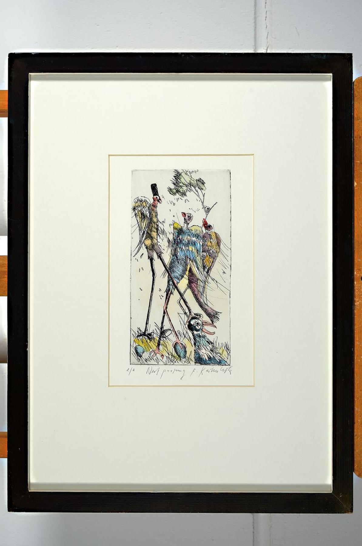 Detail k: Bernd Kastenholz, geb. 1949 Speyer, 4 Farbradierungen: Flammende Feder, Vogelbote, Vogelkonzert und Nestpaarung, alle handsign. und num., aus dem ...