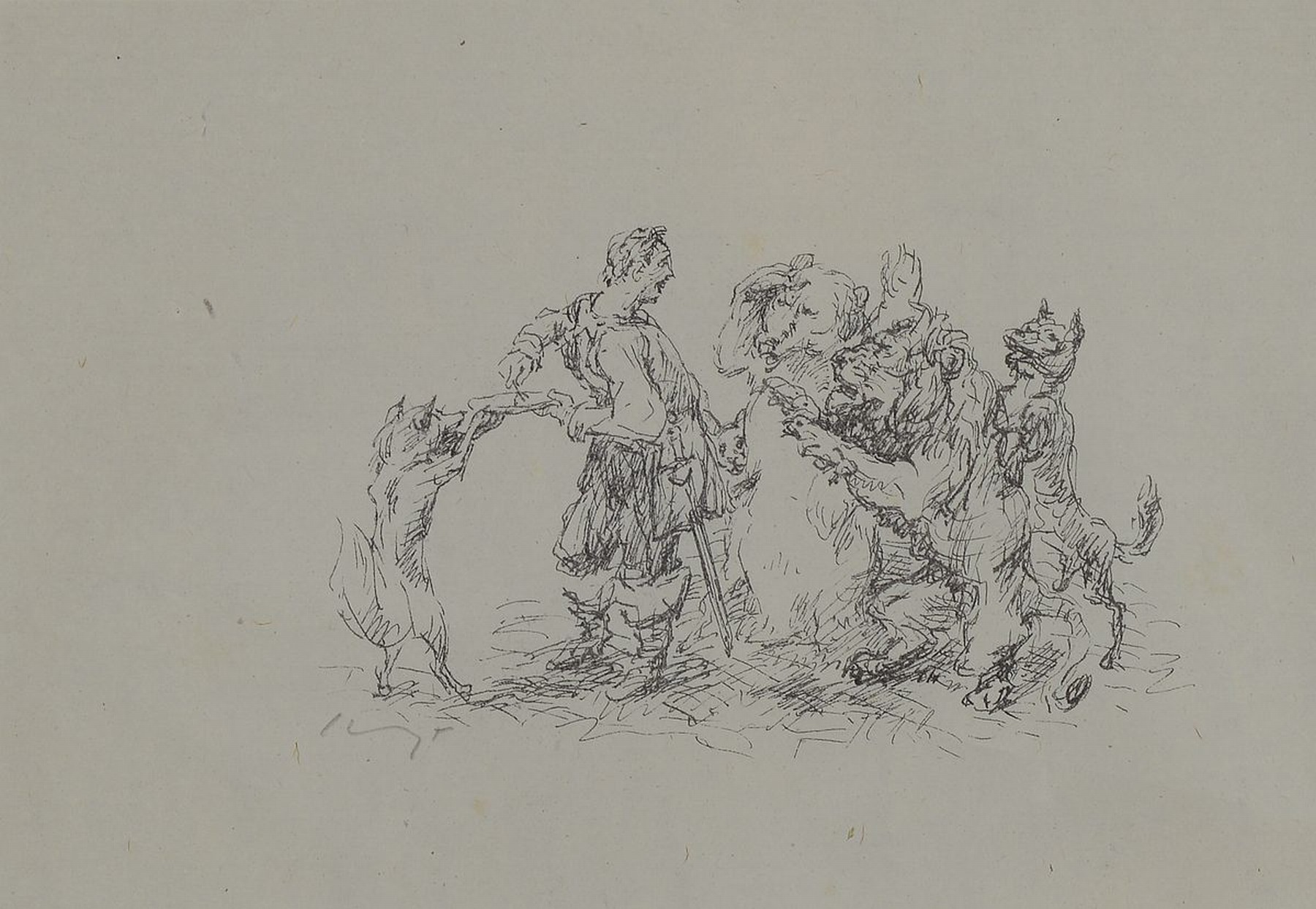 Max Slevogt, 1868 Landshut-1932 Leinsweiler/Pfalz, Lithographie aus Lederstrumpf, Szene mit Wildhüter, Bär und Hunden, links unten handsign., ca. ...