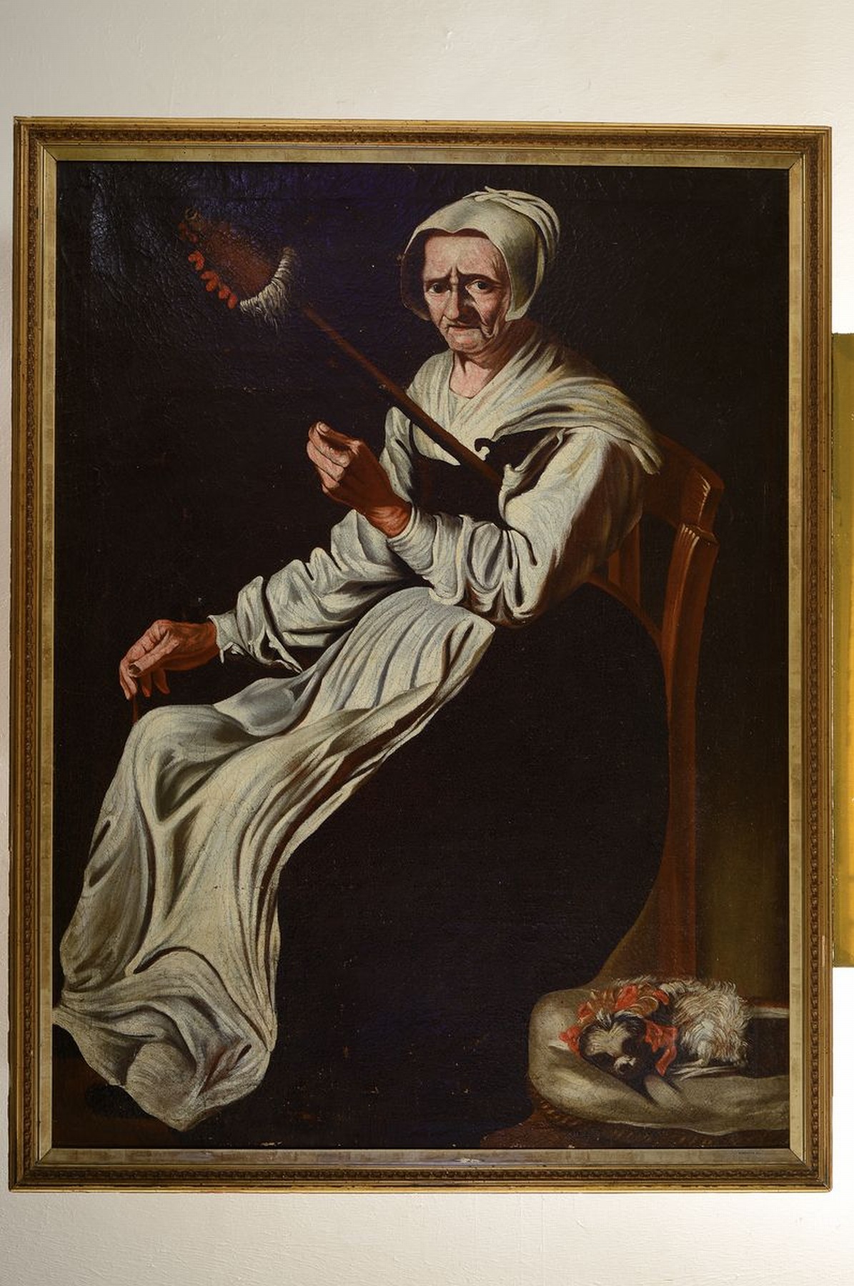 Detail k: Porträtist, süddeutsch, um 1780-1800, Landadlige Spinnerin von Schloß Erolzheim- Oberschwaben mit Malteser Schoßhündchen, wohl Gattin des Alois ...
