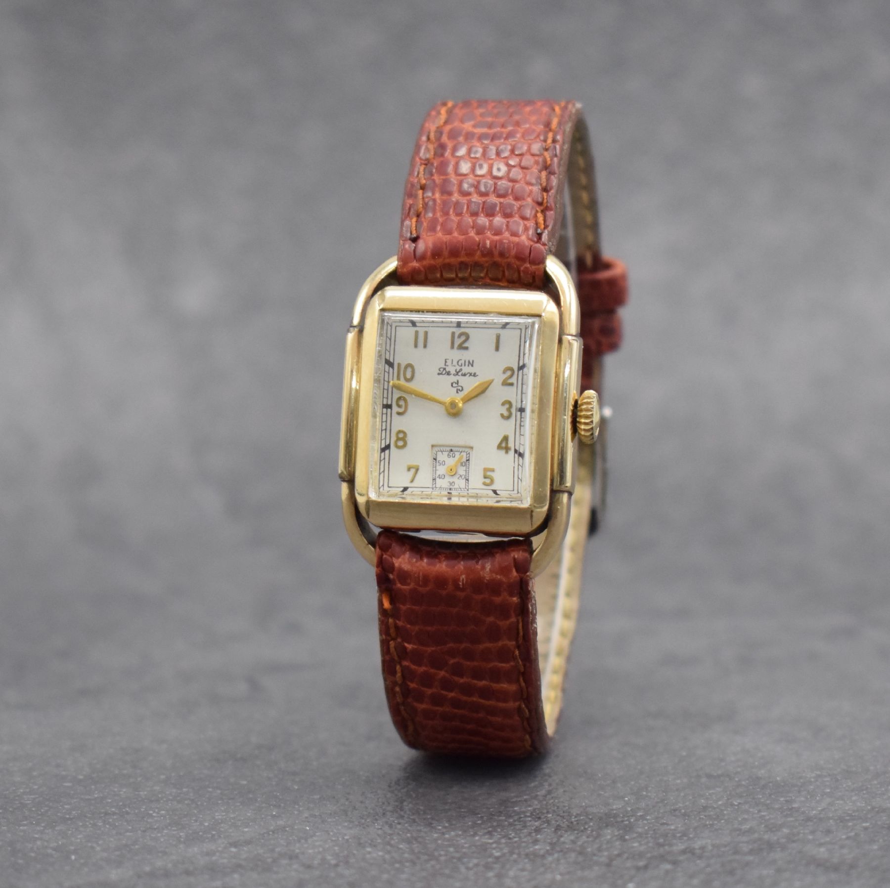 Detail b: ELGIN De Luxe Armbanduhr, Handaufzug, USA 1940er Jahre, 10k Gold-Filled Geh., Boden m. Widmungsgravur aufgedr., weißes Zifferbl. m. arab. Std. ...