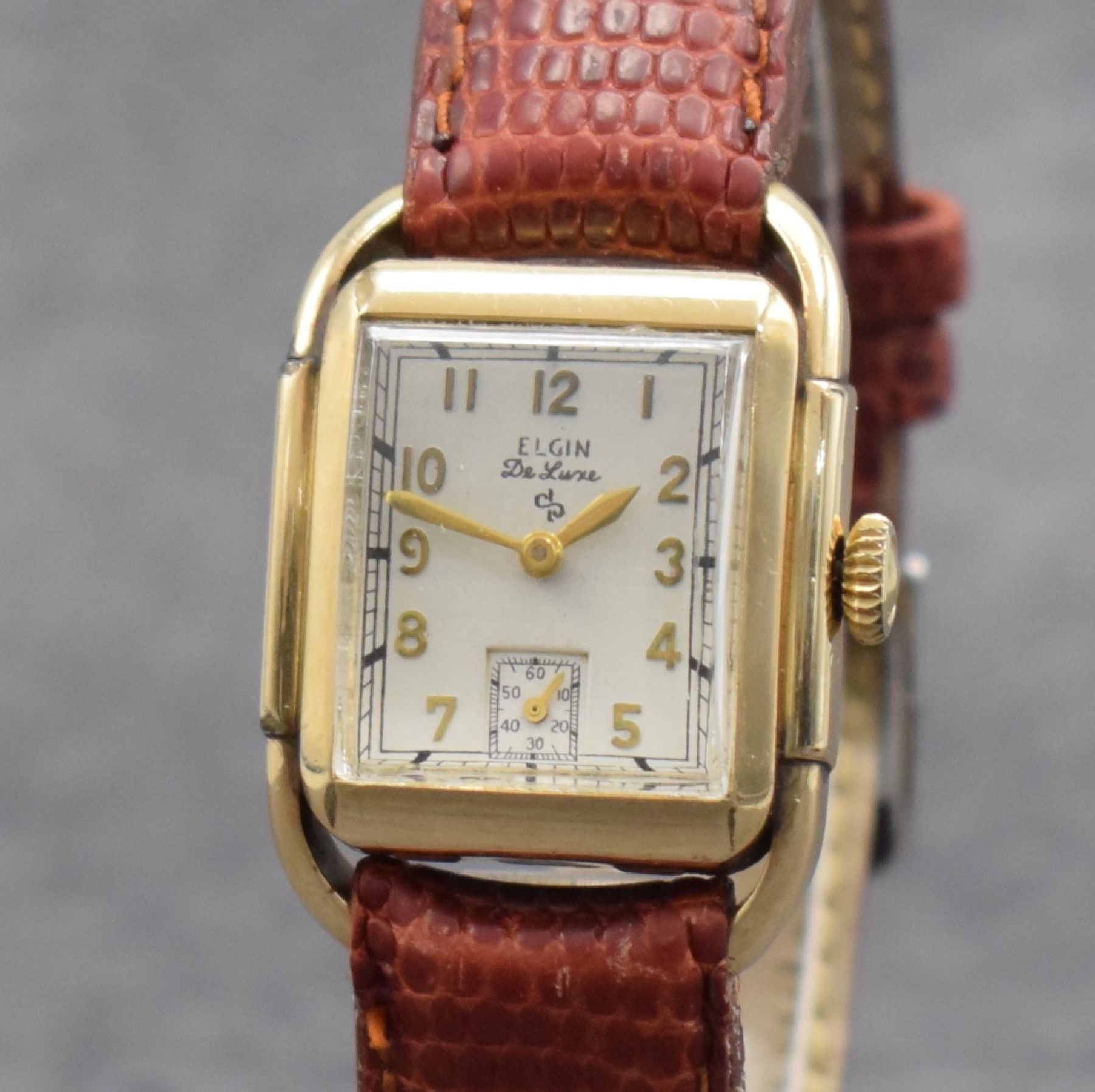 Detail c: ELGIN De Luxe Armbanduhr, Handaufzug, USA 1940er Jahre, 10k Gold-Filled Geh., Boden m. Widmungsgravur aufgedr., weißes Zifferbl. m. arab. Std. ...