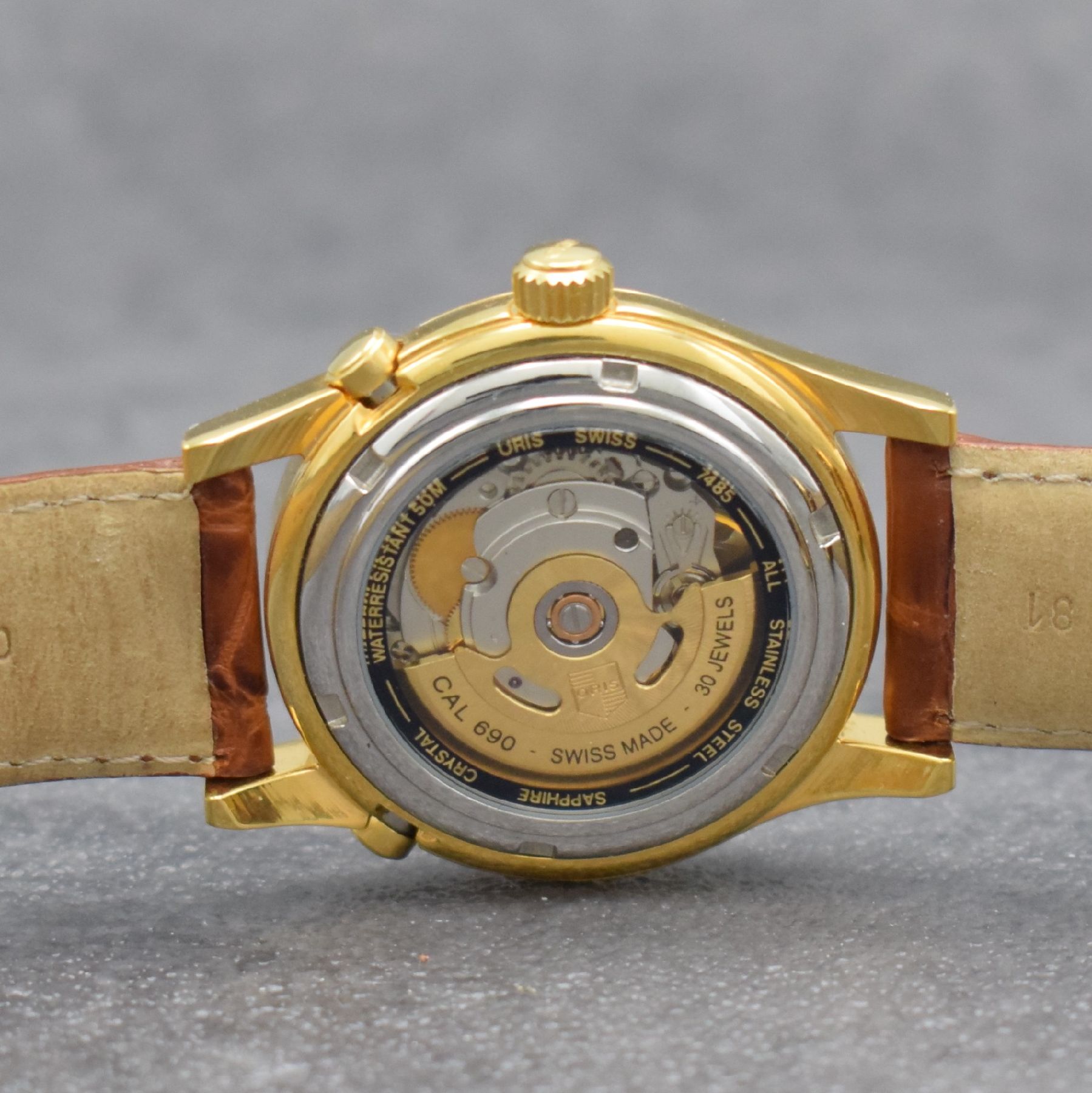 Detail f: ORIS Herrenarmbanduhr mit zweiter Zeitzone, Schweiz um 2000, Automatik, vergold. Stahlgeh. Ref. 7485, beids. Saphirvergl., Boden & Krone verschr., ...