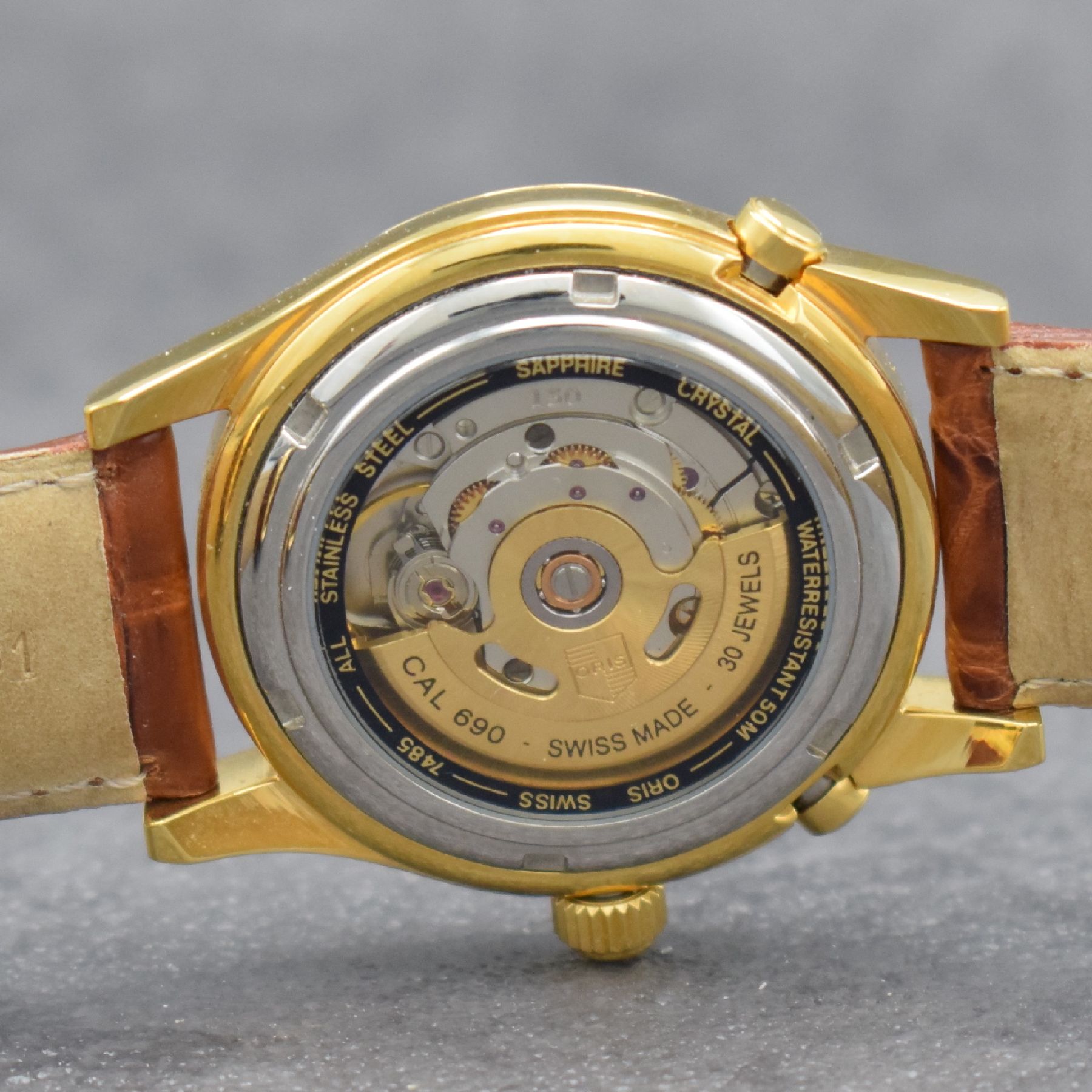 Detail g: ORIS Herrenarmbanduhr mit zweiter Zeitzone, Schweiz um 2000, Automatik, vergold. Stahlgeh. Ref. 7485, beids. Saphirvergl., Boden & Krone verschr., ...