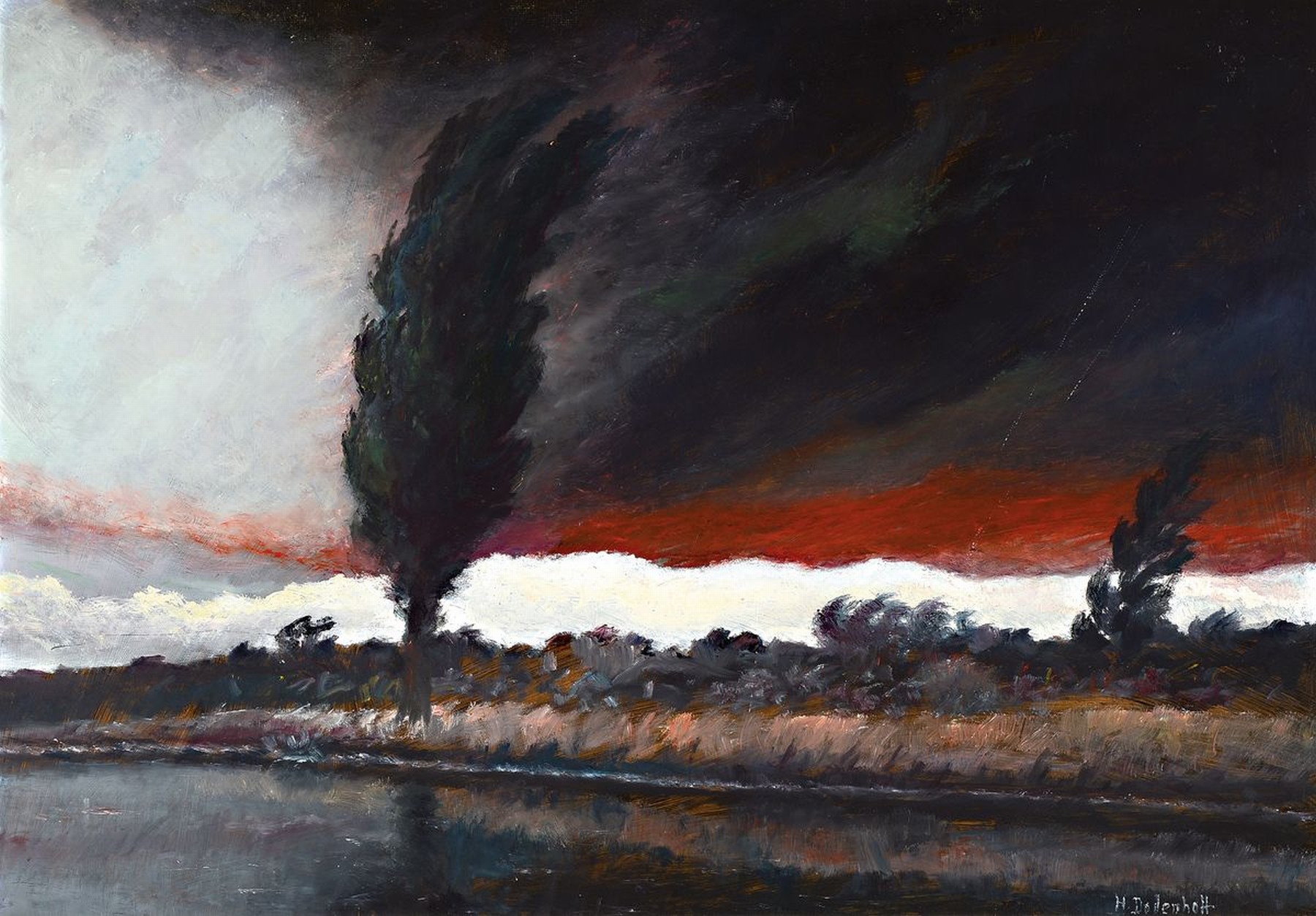 Detail b: Heinz Dodenhoff, 1889 Tarmstedt - 1981 Langen, worpsweder Maler, zwei Landschaften, a. "Die im Sturme stehen", 1974, verso mit Etikett ...