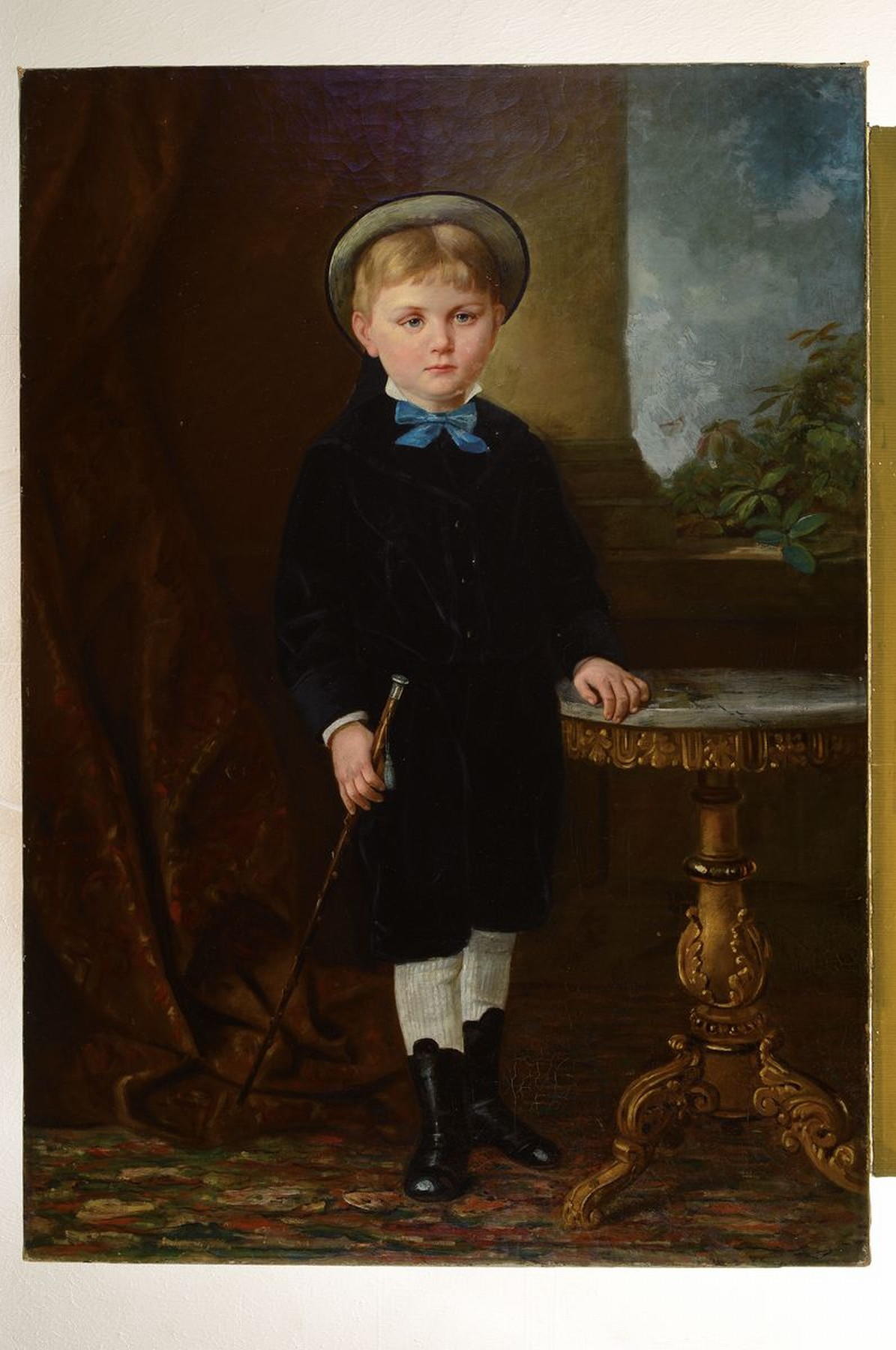 Detail k: Wilhelm Pistor, 1832 Neustrelitz - 1880 Berlin, Knabe mit Reitgerte, Ganzporträt, Öl/Lwd, re. neben dem Tischbein signiert, l. krakeliert, l. ...