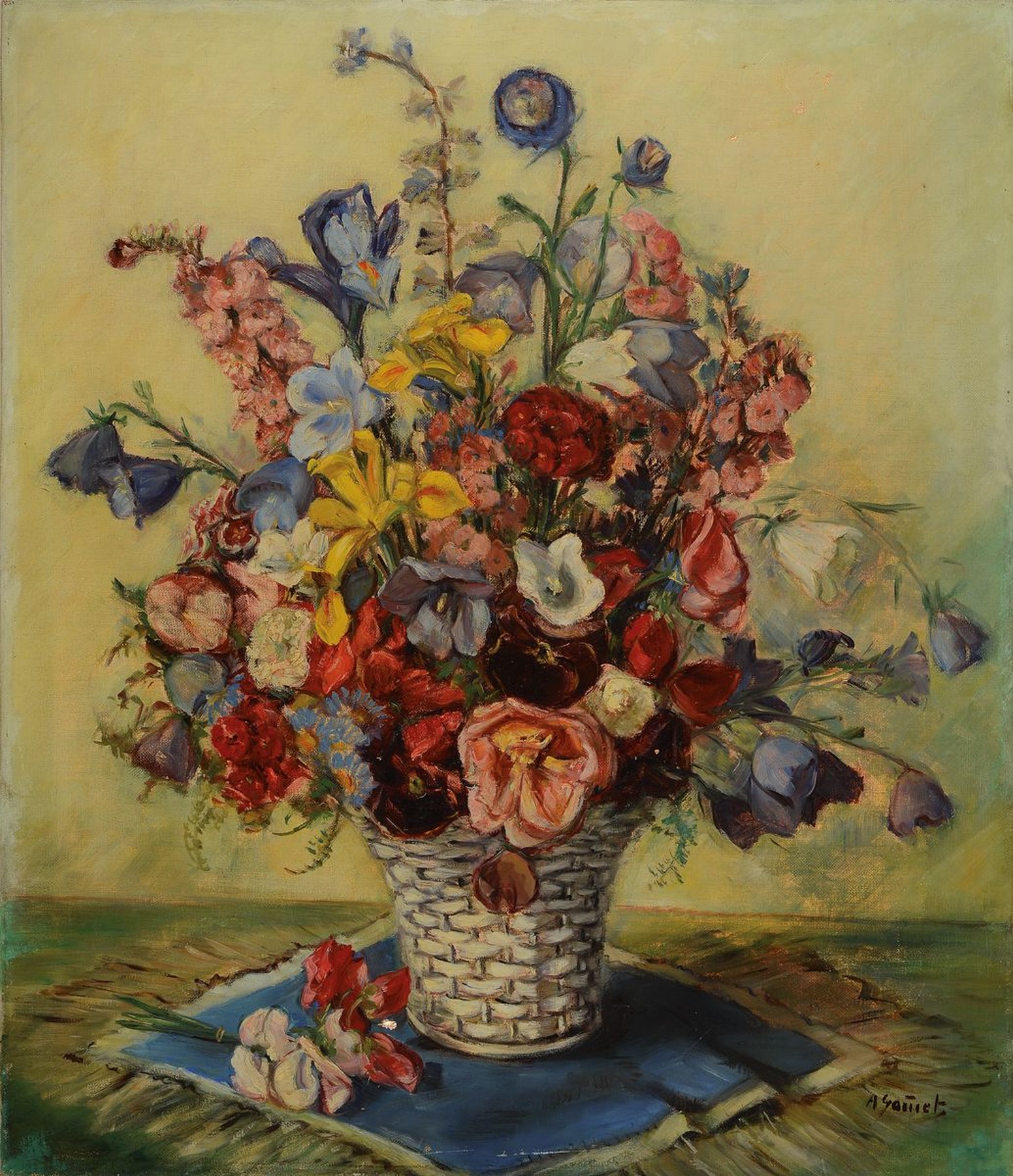 Französischer Künstler, 1. Hälfte 20. Jh., üppiger Blumenstrauss in Vase mit Flechtoptik, Öl/Lwd, rechts unten unleserlich signiert A. Sauret ...