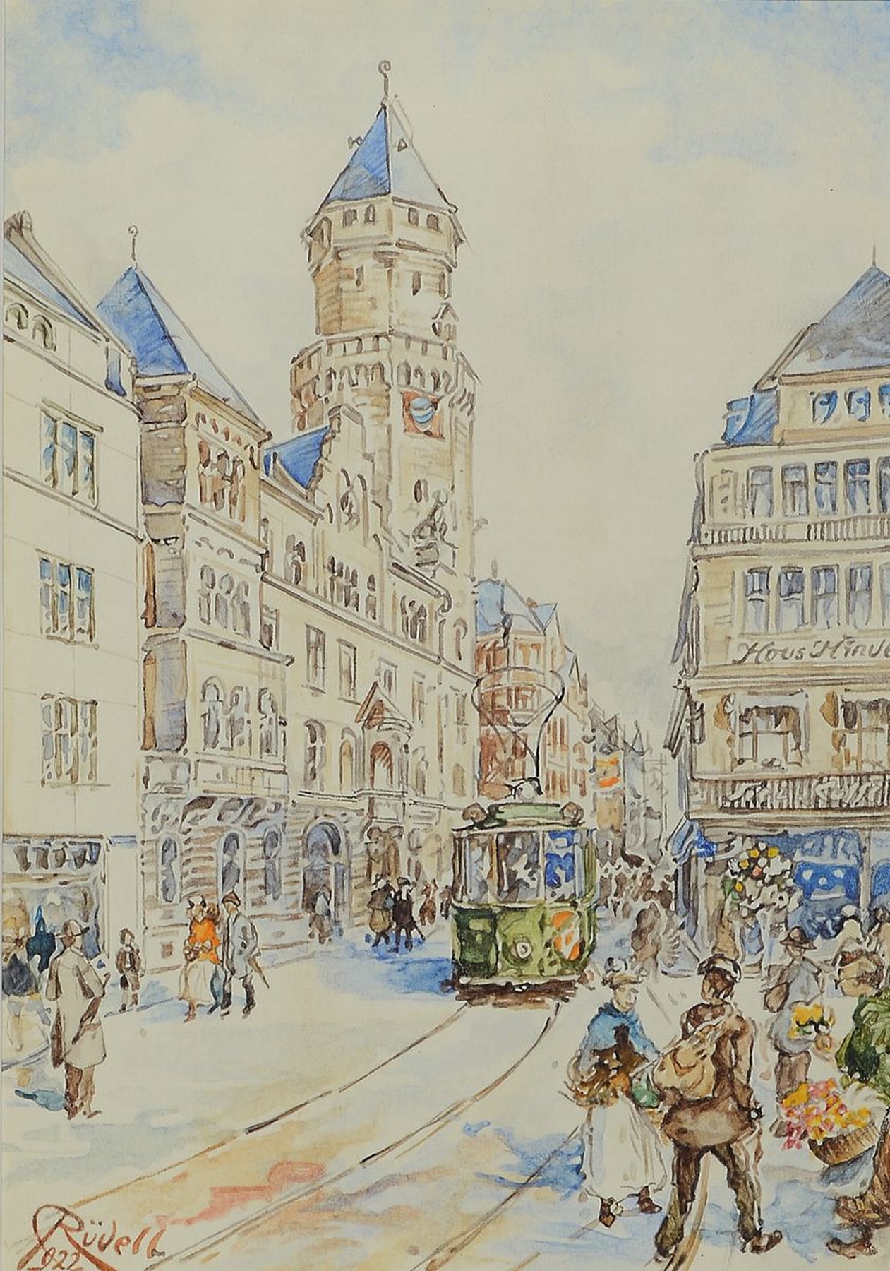 Carl Rüdell, 1855 Trier-1939 Köln, deutscher Aquarellmaler und Architekt, bekannt für seine Motive aus Köln und dem Rheinland, hier: Der Neumarkt ...