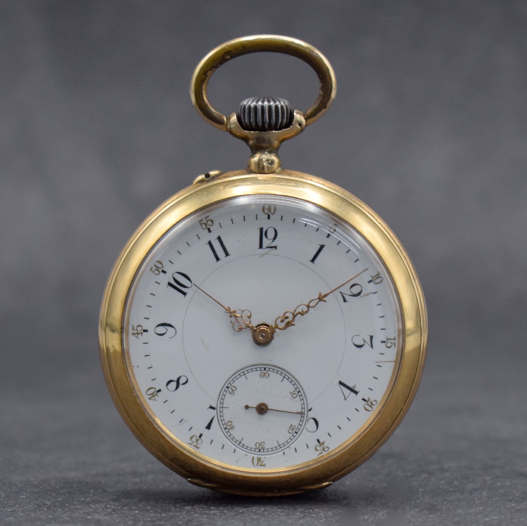 THOMMEN offene Taschenuhr in RG 585/000, Schweiz um 1900, glattes Geh. l. dell., Metallcuvette, 2-teil. Emailzifferbl. m. radial angeordneten arab. ...