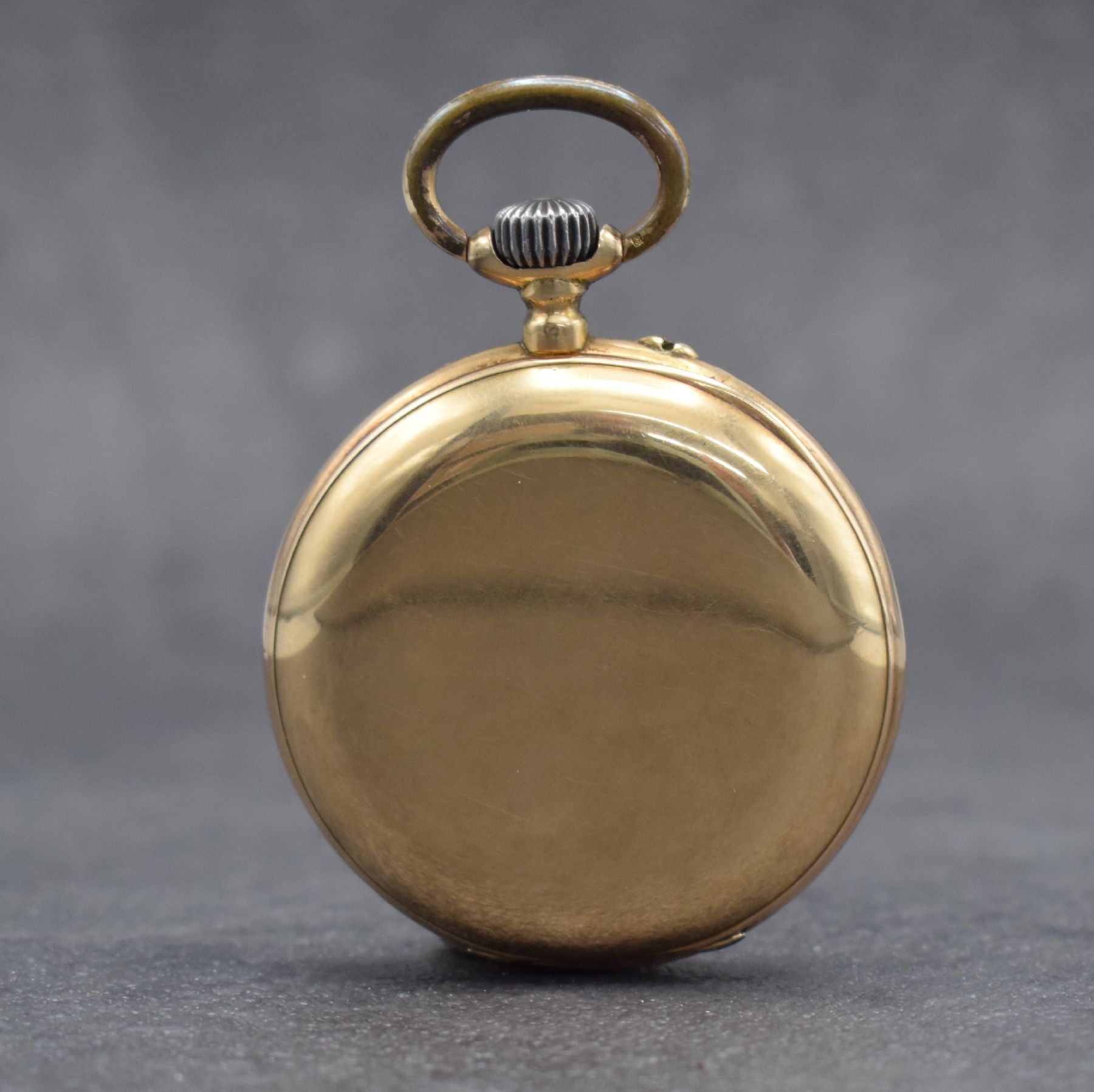 Detail b: THOMMEN offene Taschenuhr in RG 585/000, Schweiz um 1900, glattes Geh. l. dell., Metallcuvette, 2-teil. Emailzifferbl. m. radial angeordneten arab. ...
