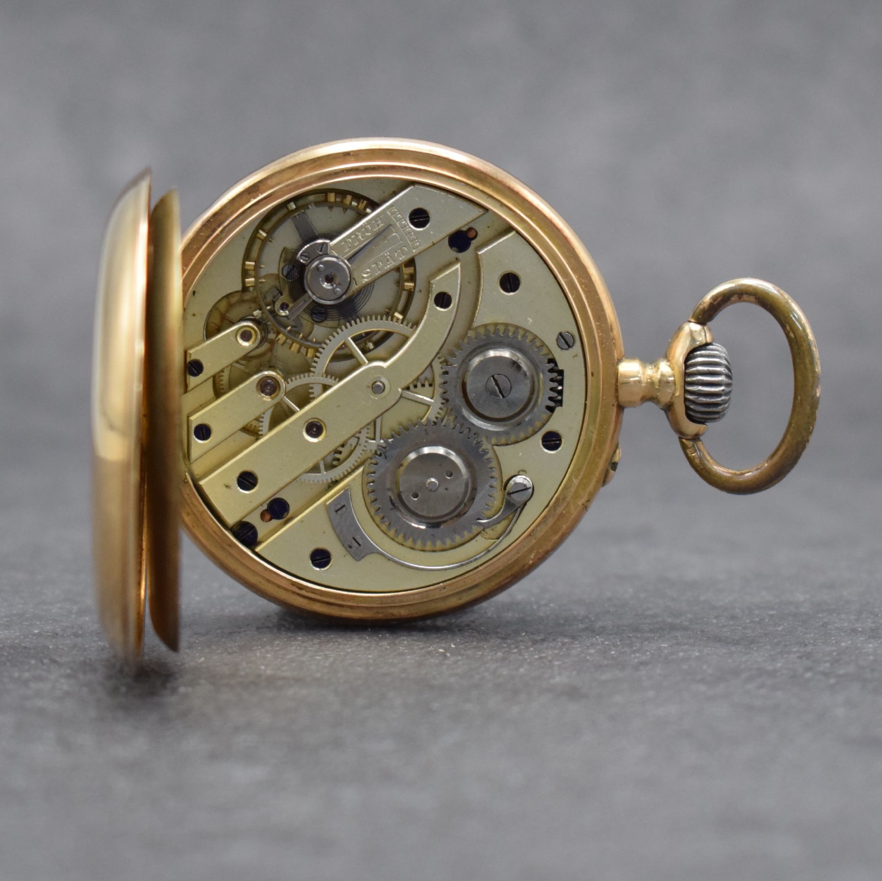 Detail g: THOMMEN offene Taschenuhr in RG 585/000, Schweiz um 1900, glattes Geh. l. dell., Metallcuvette, 2-teil. Emailzifferbl. m. radial angeordneten arab. ...