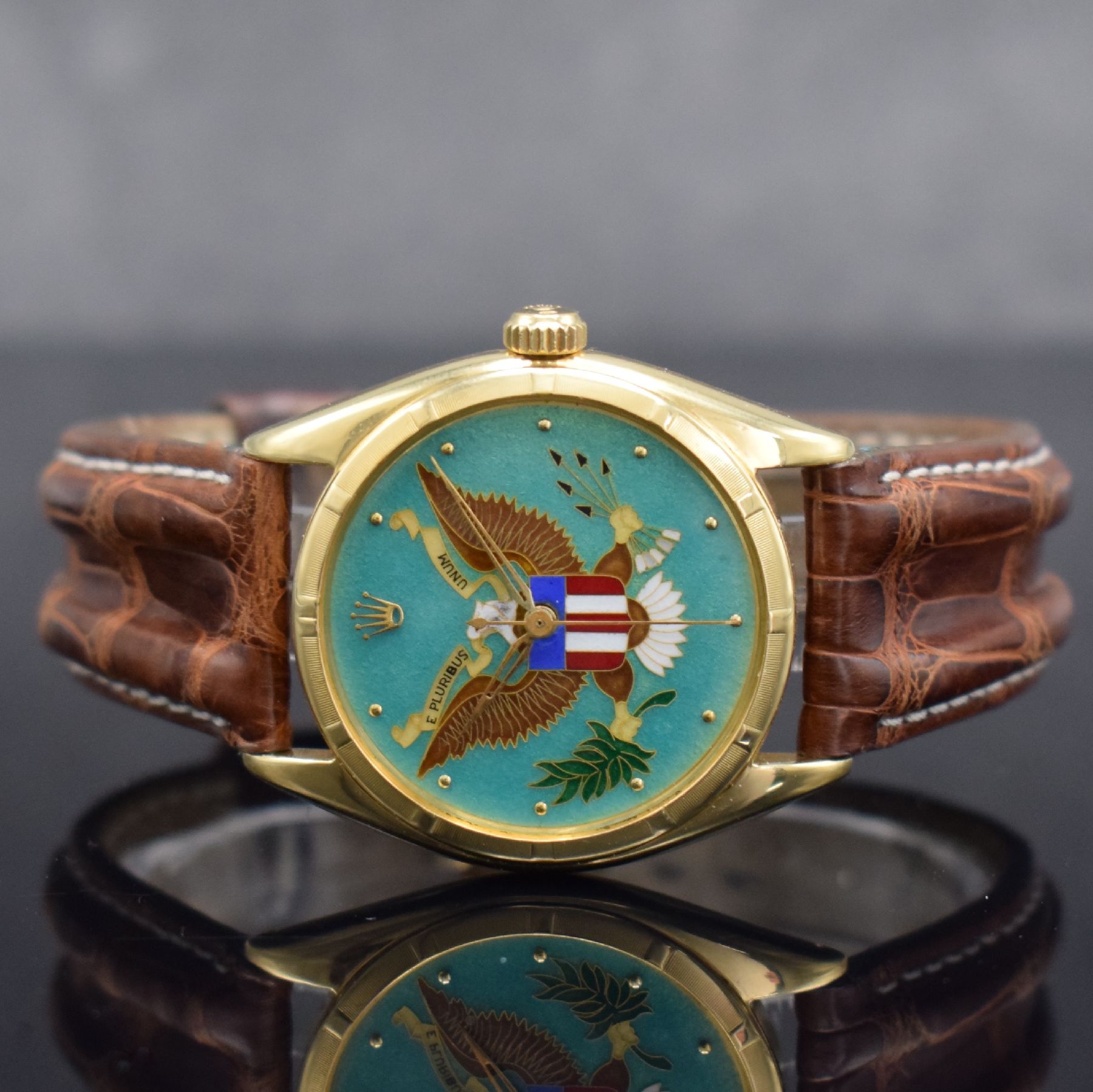 ROLEX bedeutende & extrem seltene Chronometer Herrenarmbanduhr Oyster Perpetual Bubble Back mit einzigartigem Cloissoné-Emailzifferblatt Referenz ...