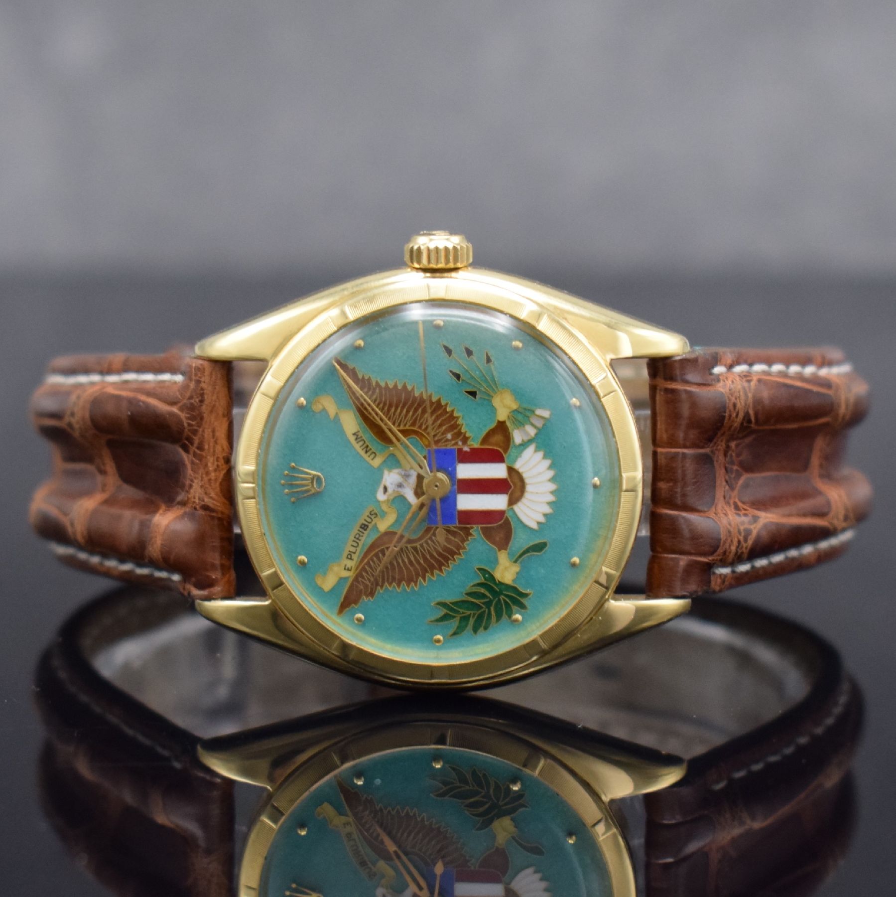 Detail a: ROLEX bedeutende & extrem seltene Chronometer Herrenarmbanduhr Oyster Perpetual Bubble Back mit einzigartigem Cloissoné-Emailzifferblatt Referenz ...