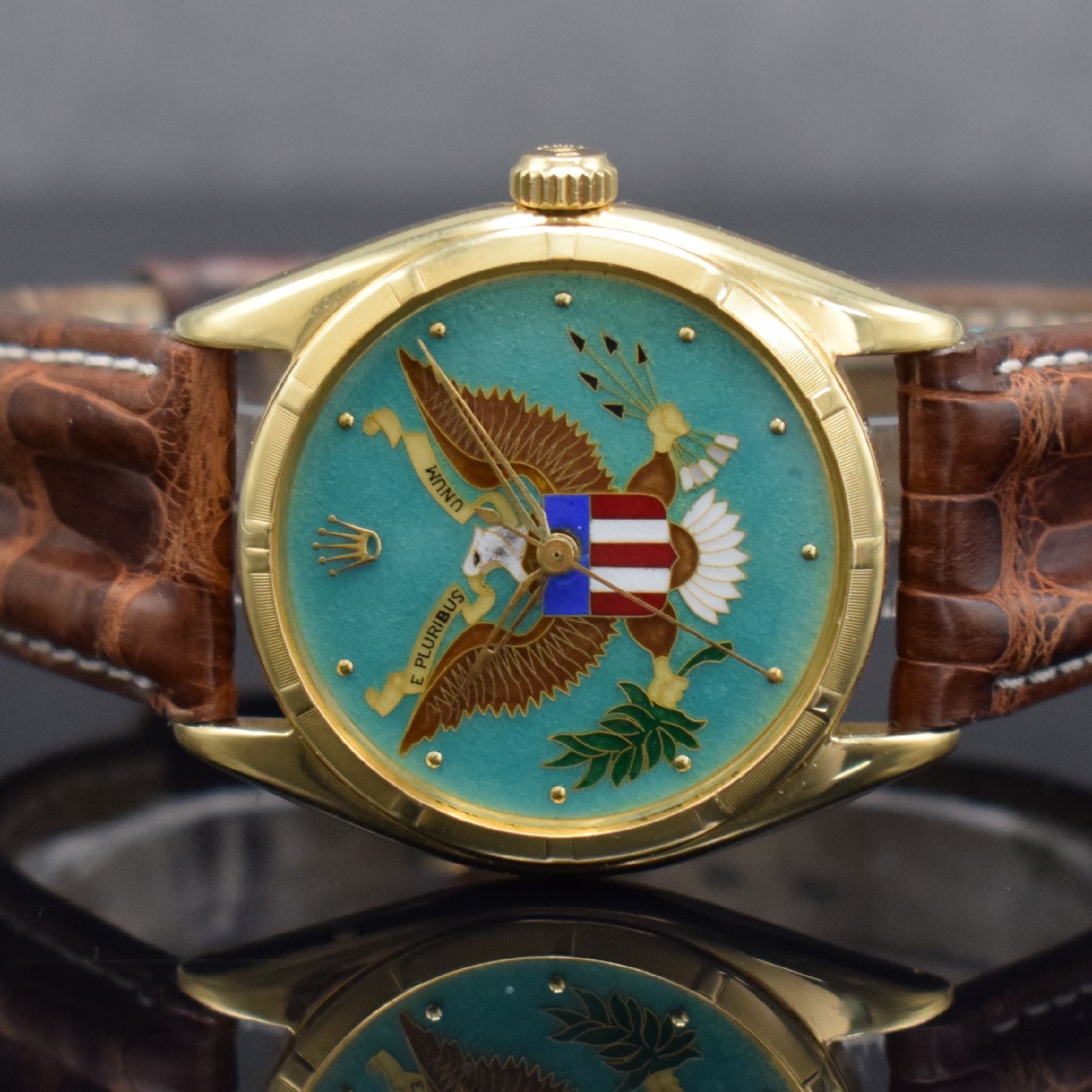 Detail b: ROLEX bedeutende & extrem seltene Chronometer Herrenarmbanduhr Oyster Perpetual Bubble Back mit einzigartigem Cloissoné-Emailzifferblatt Referenz ...
