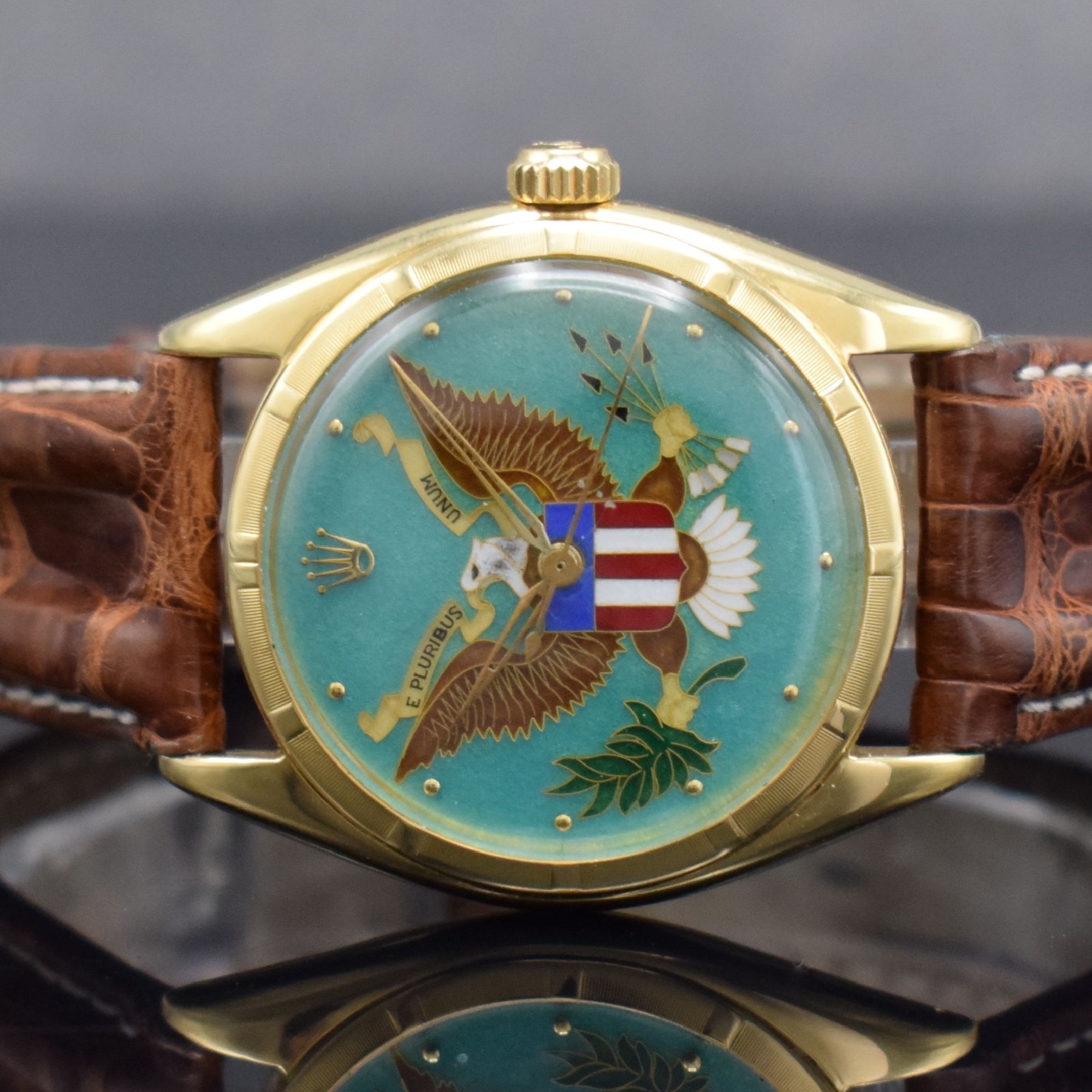 Detail c: ROLEX bedeutende & extrem seltene Chronometer Herrenarmbanduhr Oyster Perpetual Bubble Back mit einzigartigem Cloissoné-Emailzifferblatt Referenz ...