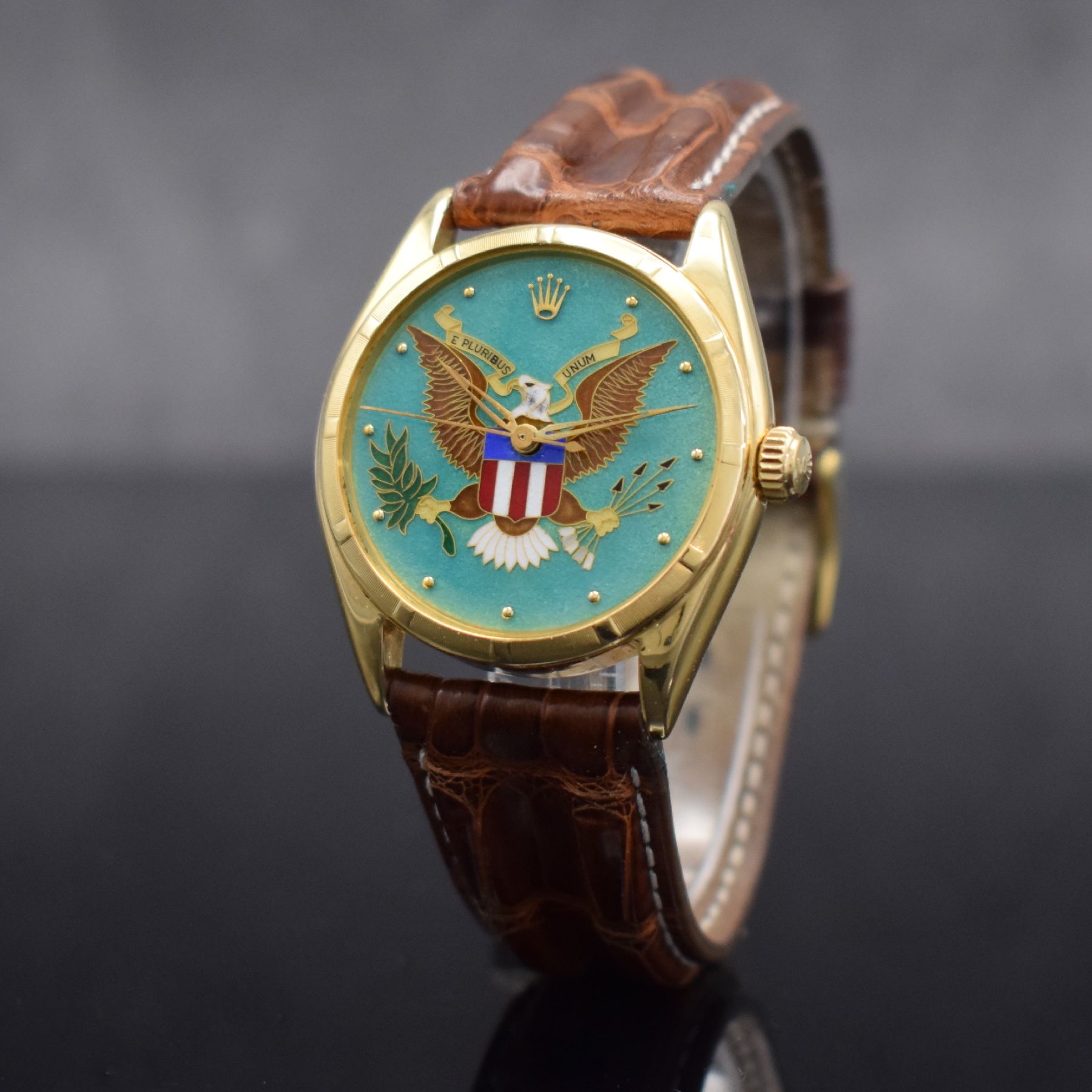 Detail d: ROLEX bedeutende & extrem seltene Chronometer Herrenarmbanduhr Oyster Perpetual Bubble Back mit einzigartigem Cloissoné-Emailzifferblatt Referenz ...