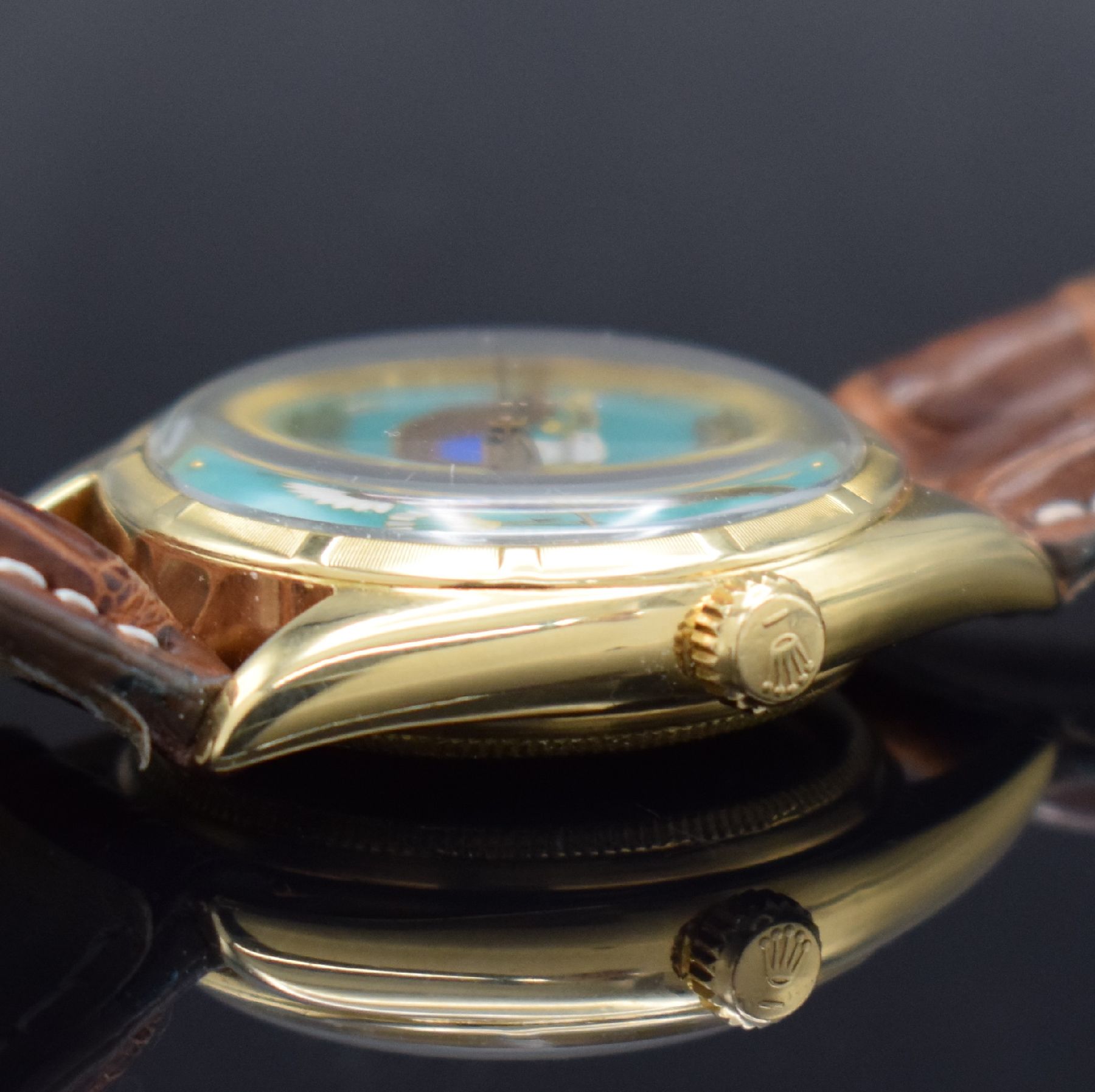 Detail f: ROLEX bedeutende & extrem seltene Chronometer Herrenarmbanduhr Oyster Perpetual Bubble Back mit einzigartigem Cloissoné-Emailzifferblatt Referenz ...