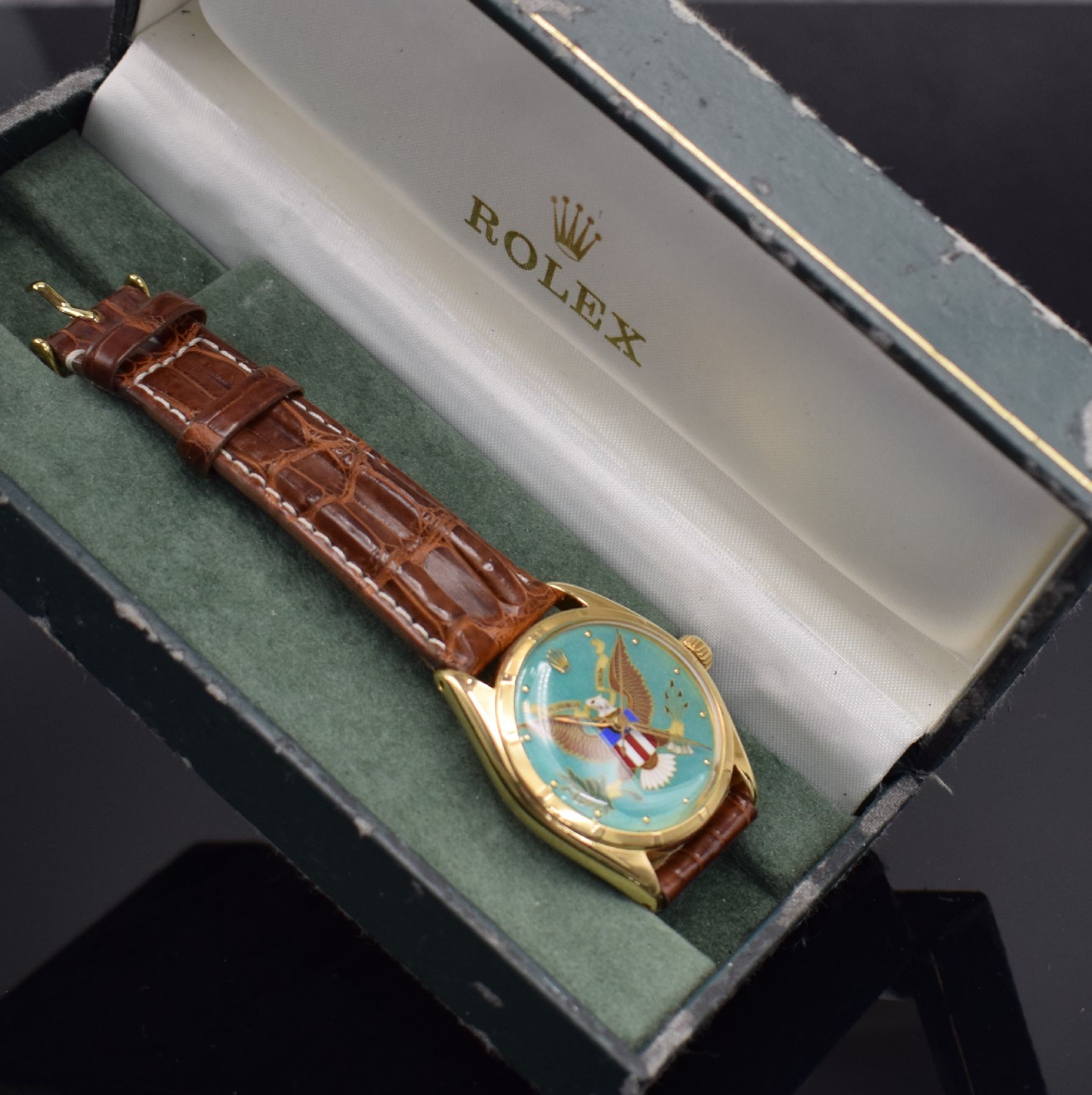 Detail w: ROLEX bedeutende & extrem seltene Chronometer Herrenarmbanduhr Oyster Perpetual Bubble Back mit einzigartigem Cloissoné-Emailzifferblatt Referenz ...