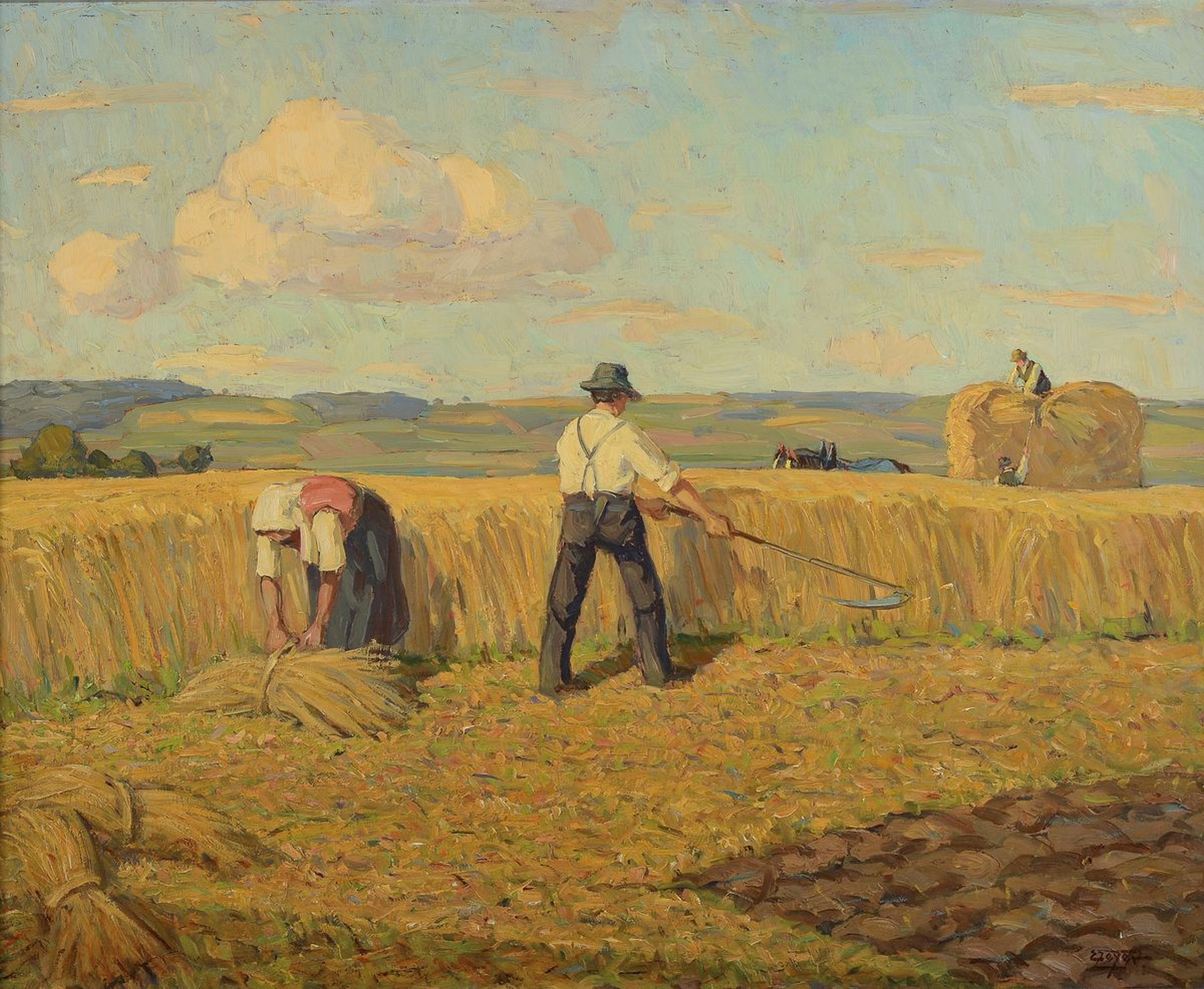 Erich Zeyer, 1903-1960 Stuttgart, Bei der Getreideernte, Öl/Malkarton, rechts unten signiert, ca. 58x73.5cm, R. ca. 67x82cm