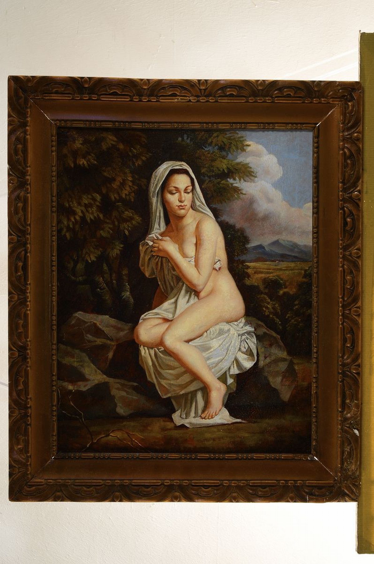 Detail k: Unbekannter Maler, um 1900, weiblicher Halbakt am Waldrand, im Hintergrund weite Landschaft, Öl/Lwd, rechts unten kaum lesbar signiert, ca. 50x40cm, ...