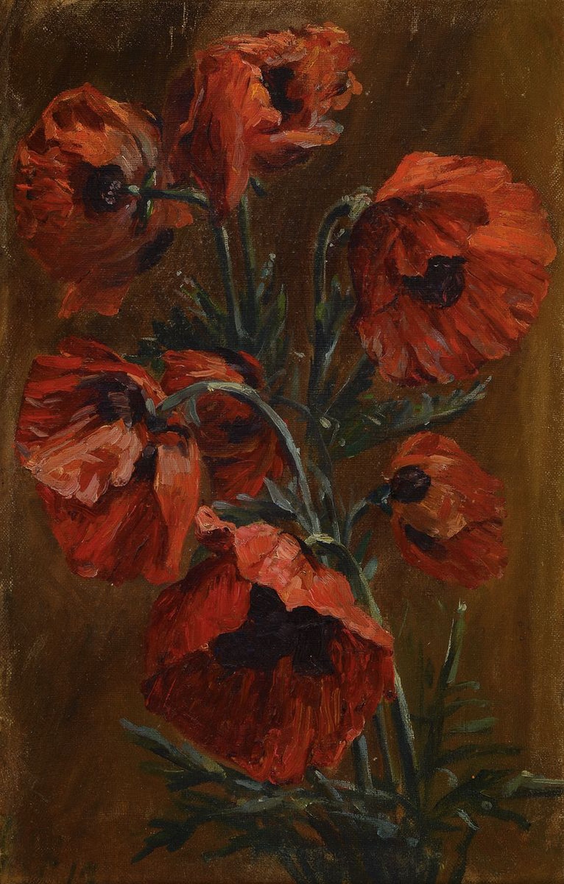 Unbekannter Künstler, deutsch, Anfang 20. Jh., roter Klatschmohn, Öl/Malkarton, links unten unleserlich monogr. und dat. 19, ca. 45x29.5cm, R. ca. ...