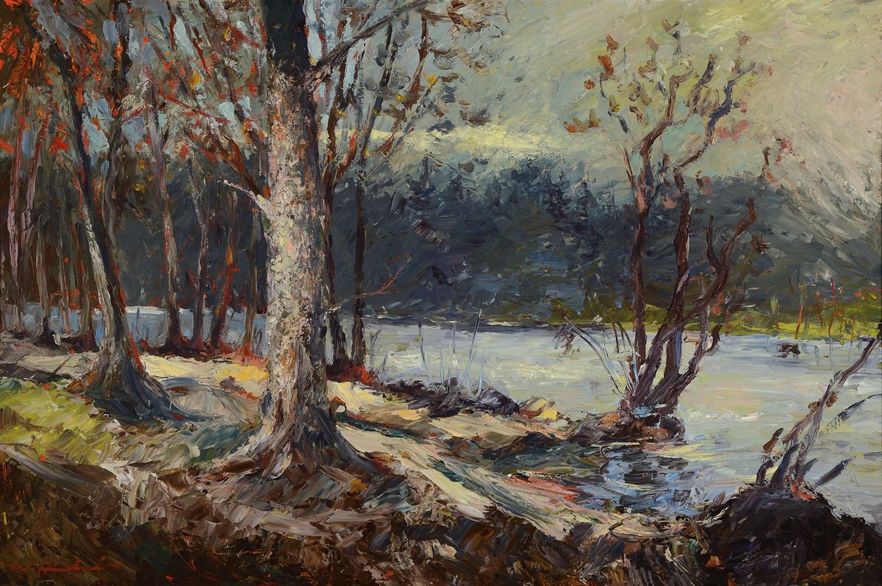 Ludwig Hinkel, geb. 1952 Pirmasens, "Seehof", Landschaft bei Dahn, Öl/Holz, links unten signiert, ca. 70x100cm, expressiver pastoser ...