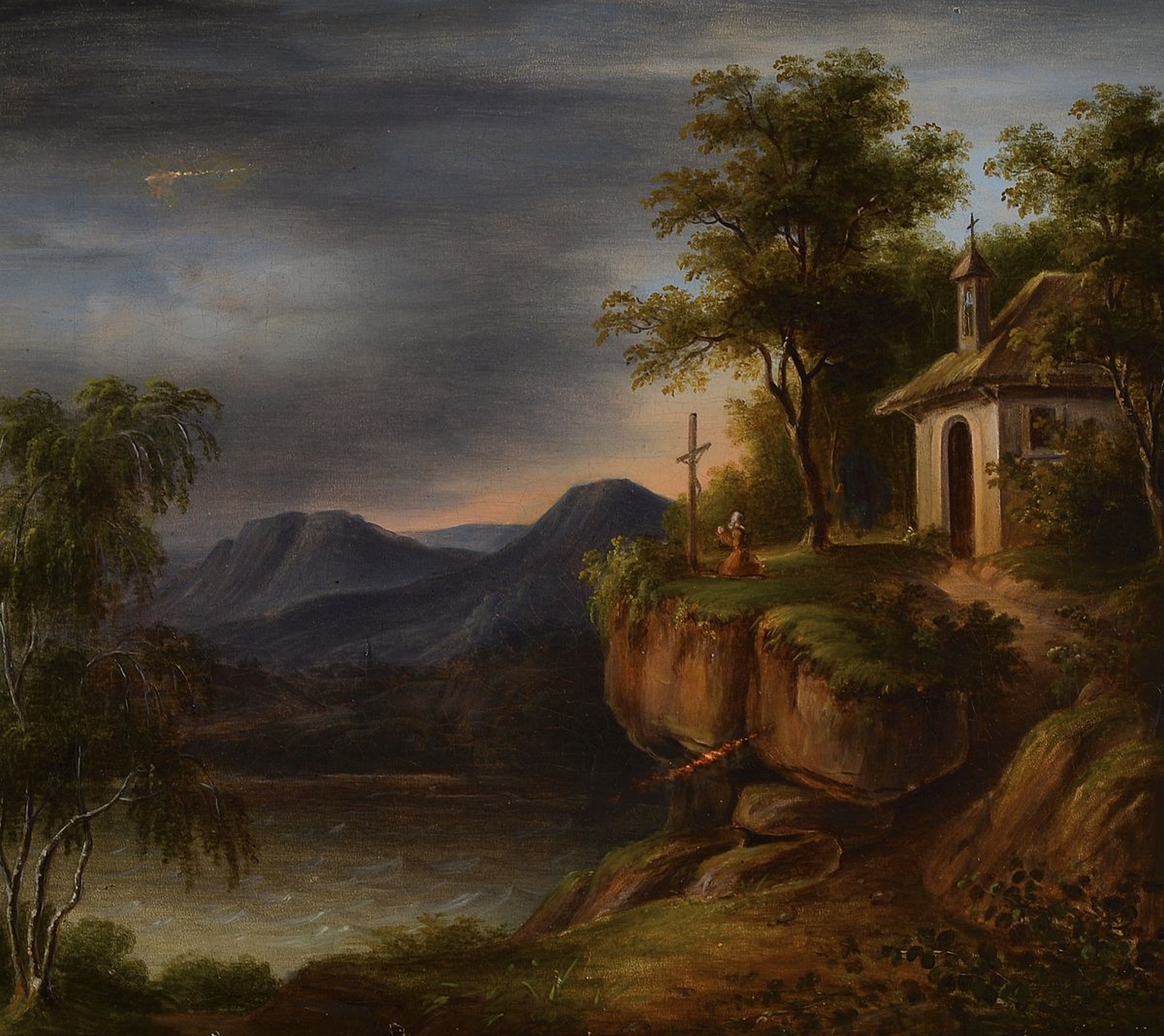 Emilie Reinbek, datiert 1840, romantische Landschaft mit See und Kapelle mitbetendem Mönch vor einem Kreuz, Öl/Lwd, feine lasierende Malerei, ...