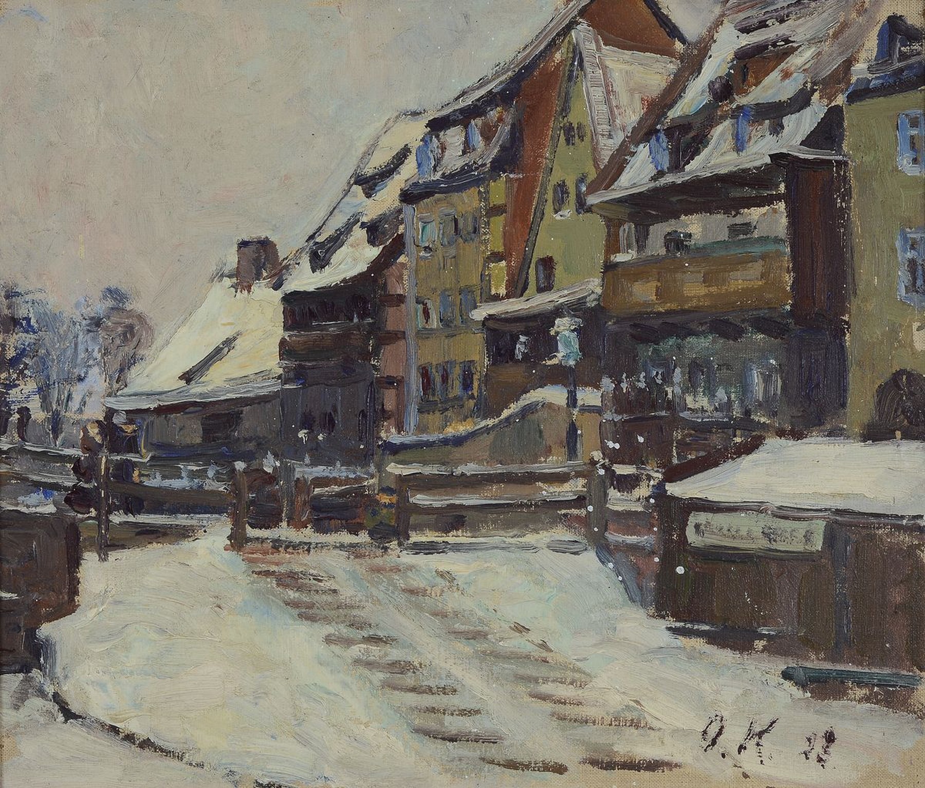 Monogrammist OK, datiert (19)43, Verschneite Stadtansicht, Öl/Hartfaser, rechts unten monogr. und dat., ca. 28x33cm, R. ca. 36x42cm