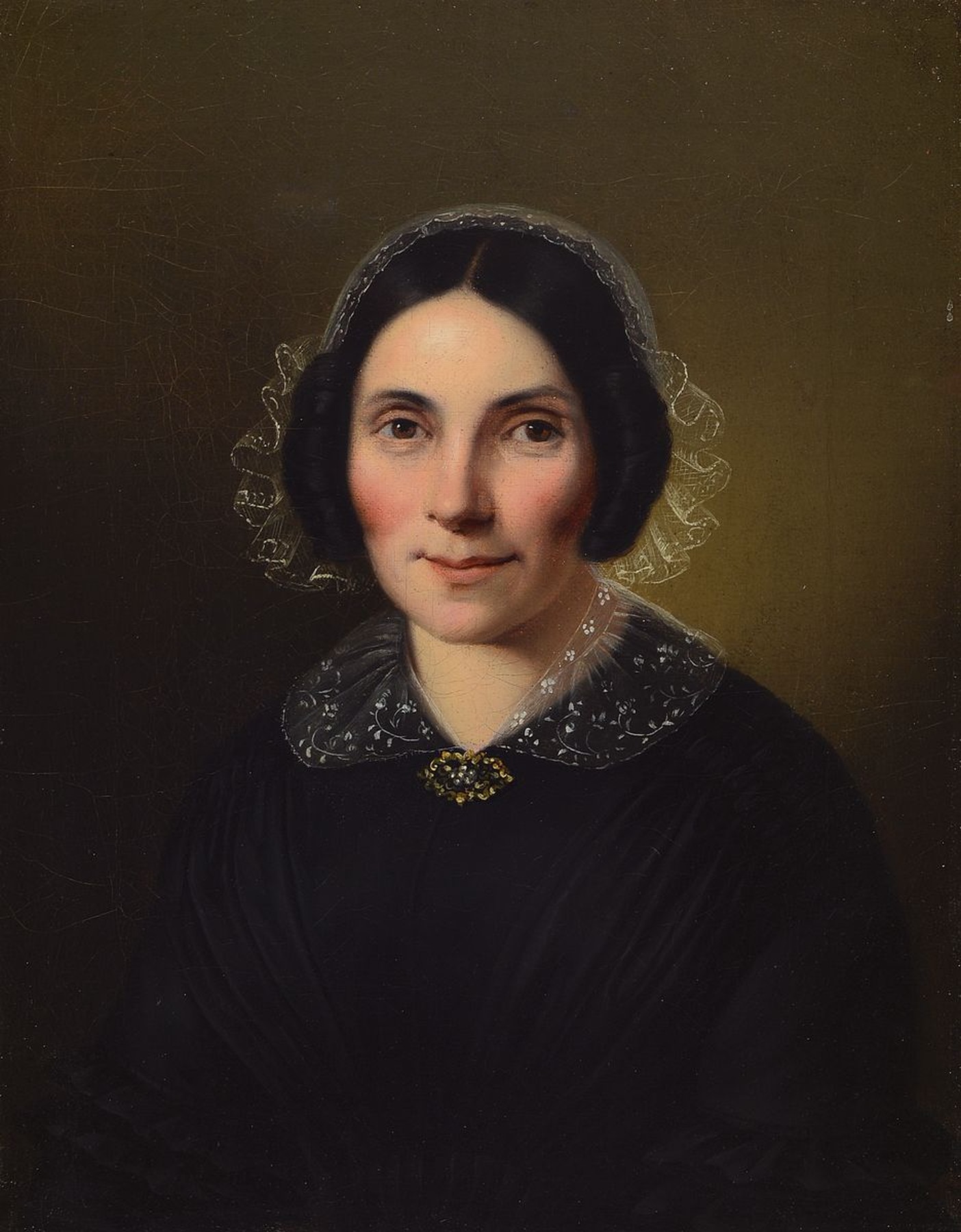 Detail a: Paar Biedermeierportäts, um 1835/40, feine lasierende Malerei, sehr feine Überfänge, gute Stofflichkeit, vor allem in den Spitzen und im Inkarnat, ...