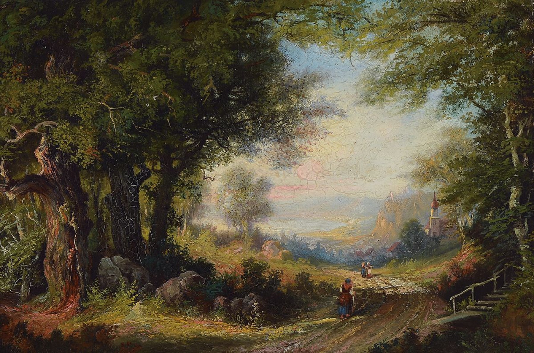 Ebert, spätromantische Malerei, um 1880, Waldlandschaft mit Blick ins Tal und auf ein Dorf, Öl/Mahagoni, Personen im Vordergrund, gute ...