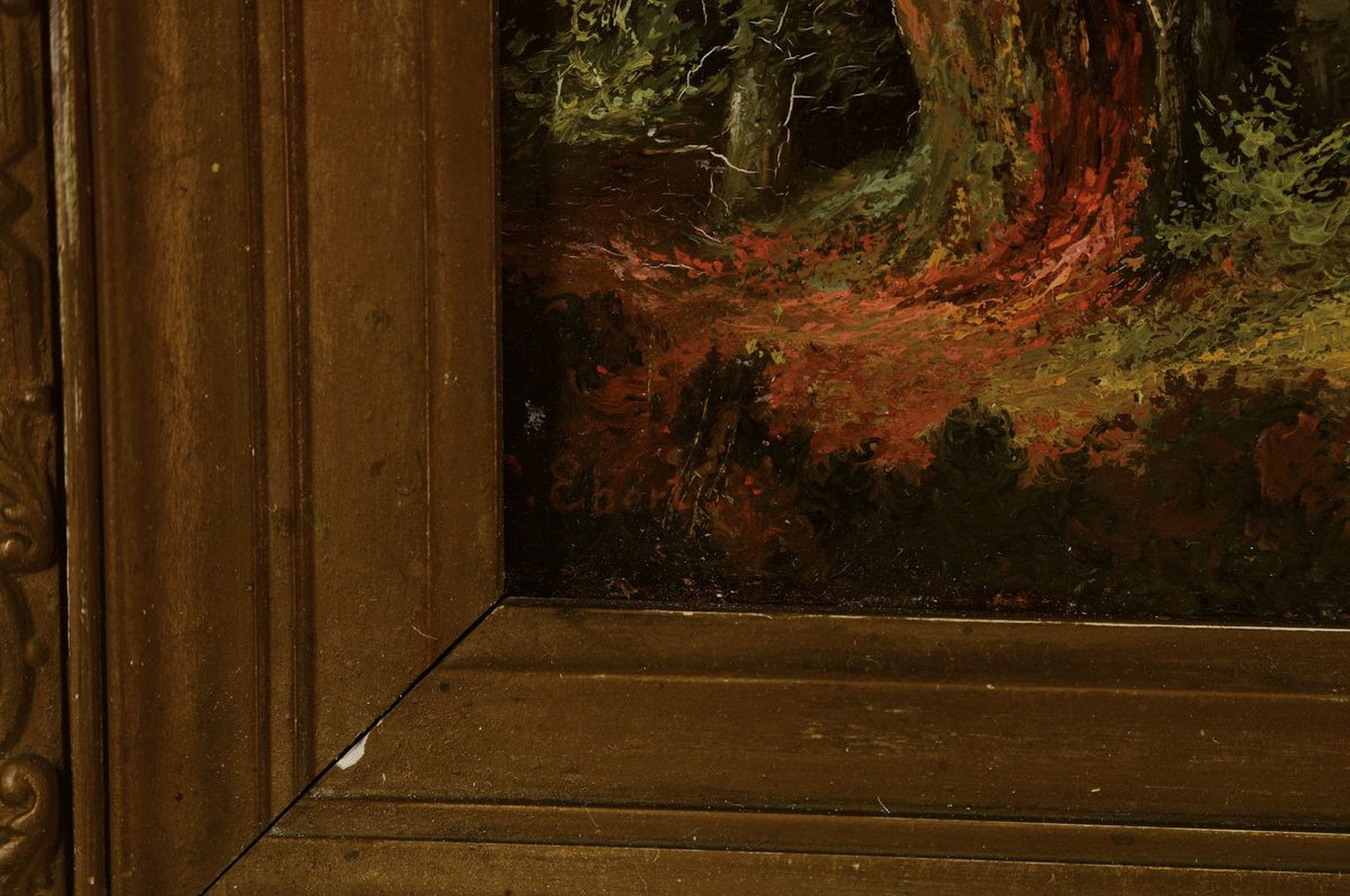 Detail a: Ebert, spätromantische Malerei, um 1880, Waldlandschaft mit Blick ins Tal und auf ein Dorf, Öl/Mahagoni, Personen im Vordergrund, gute ...
