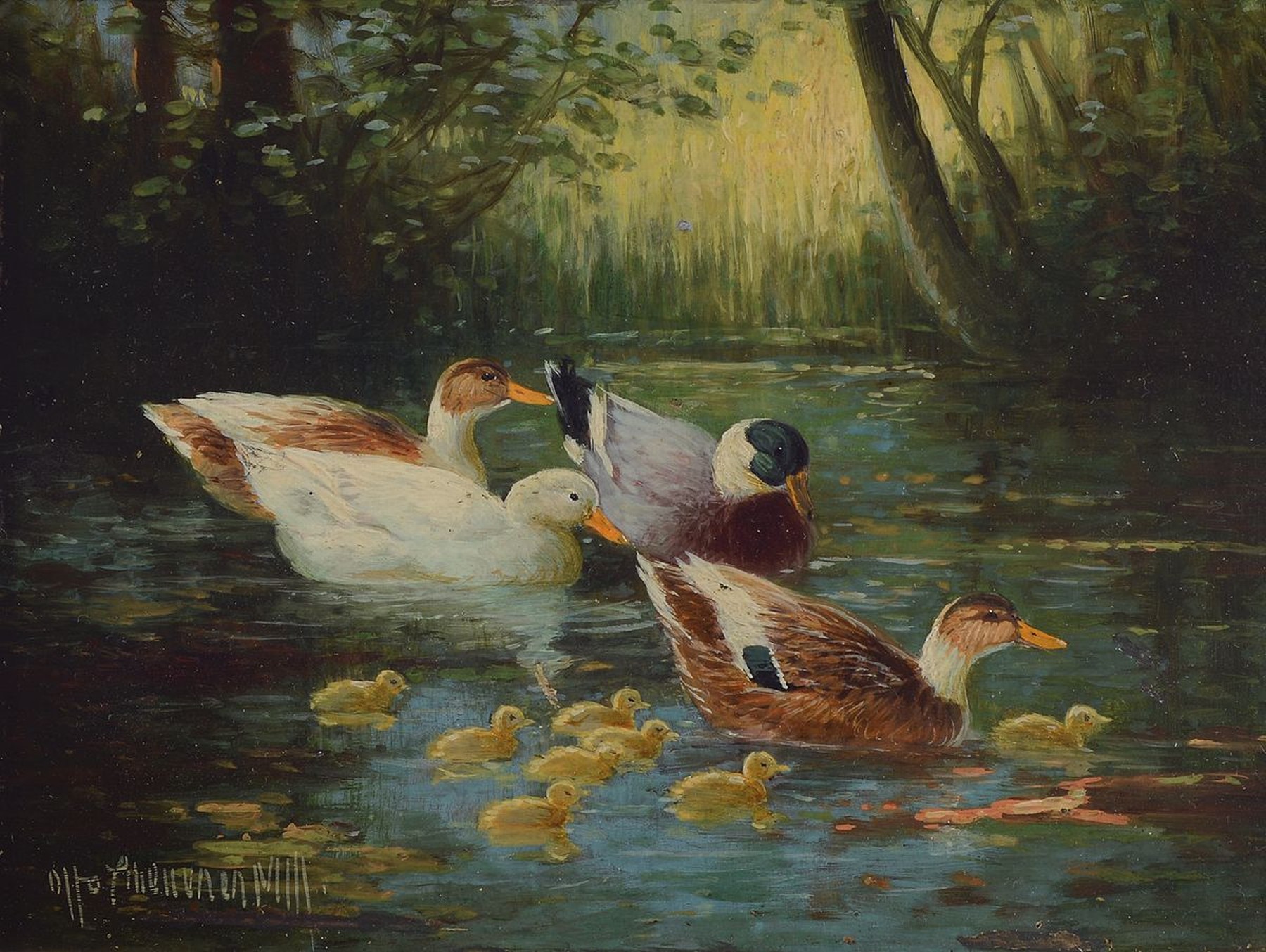 Otto Scheuerer, 1862-1934 München, 2 Arbeiten in Öl/Holz: Enten mit Küken auf einem Waldweiher und Hahn und Hühner im Hof, beide signiert, je ca. ...