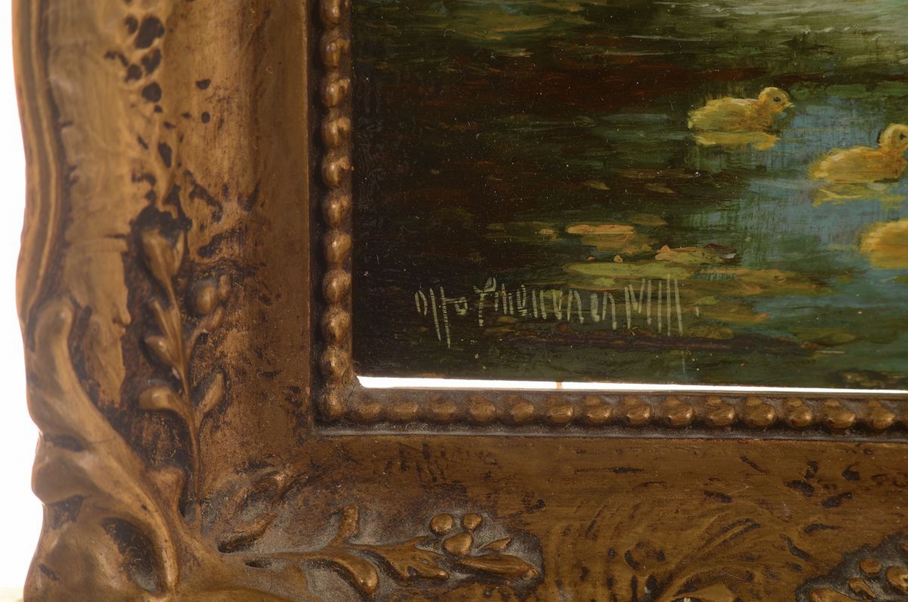Detail a: Otto Scheuerer, 1862-1934 München, 2 Arbeiten in Öl/Holz: Enten mit Küken auf einem Waldweiher und Hahn und Hühner im Hof, beide signiert, je ca. ...